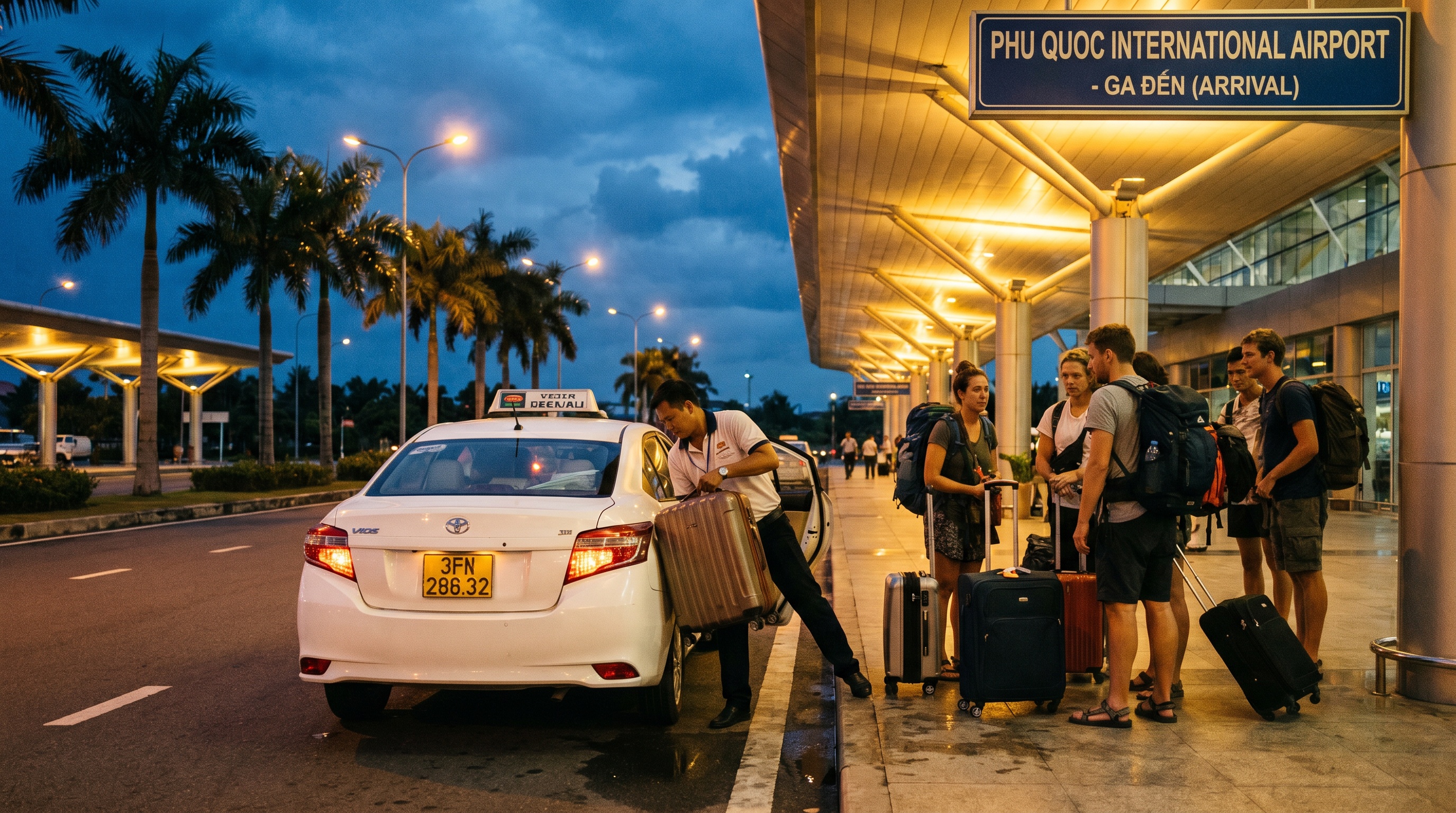 Driver loading luggage into a car at Phu Quoc airport pickup area at sunset