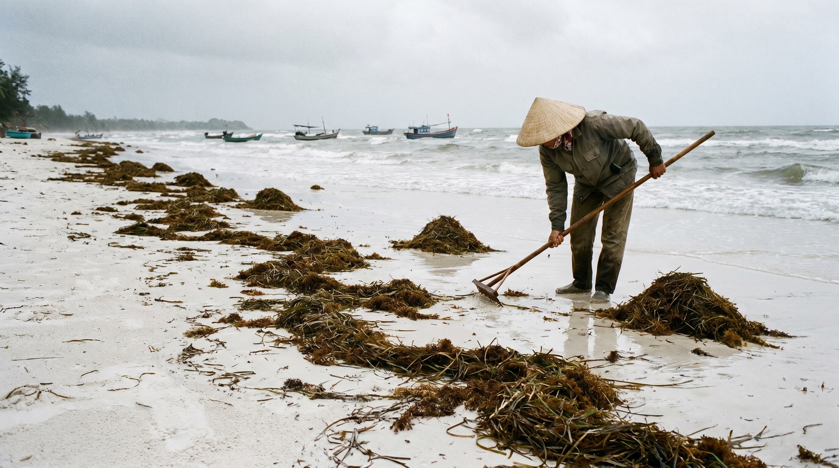 Seaweed washed up along the tide line of a Phu Quoc beach during northeast monsoon season