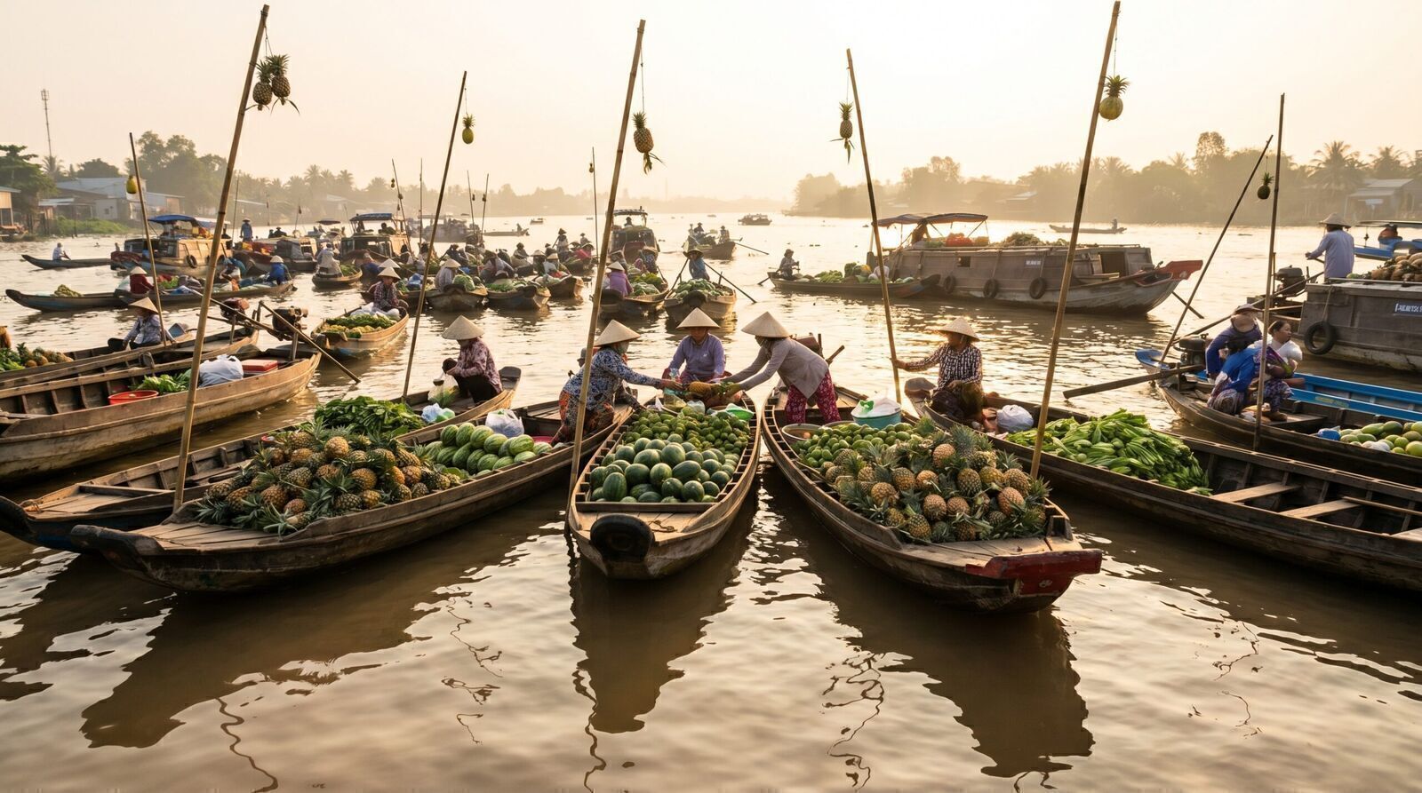 Boats trading produce at Cai Rang floating market Can Tho at dawn