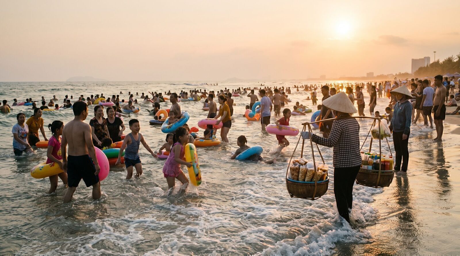 Vietnamese families swimming at golden hour on My Khe Beach Da Nang during summer school holidays