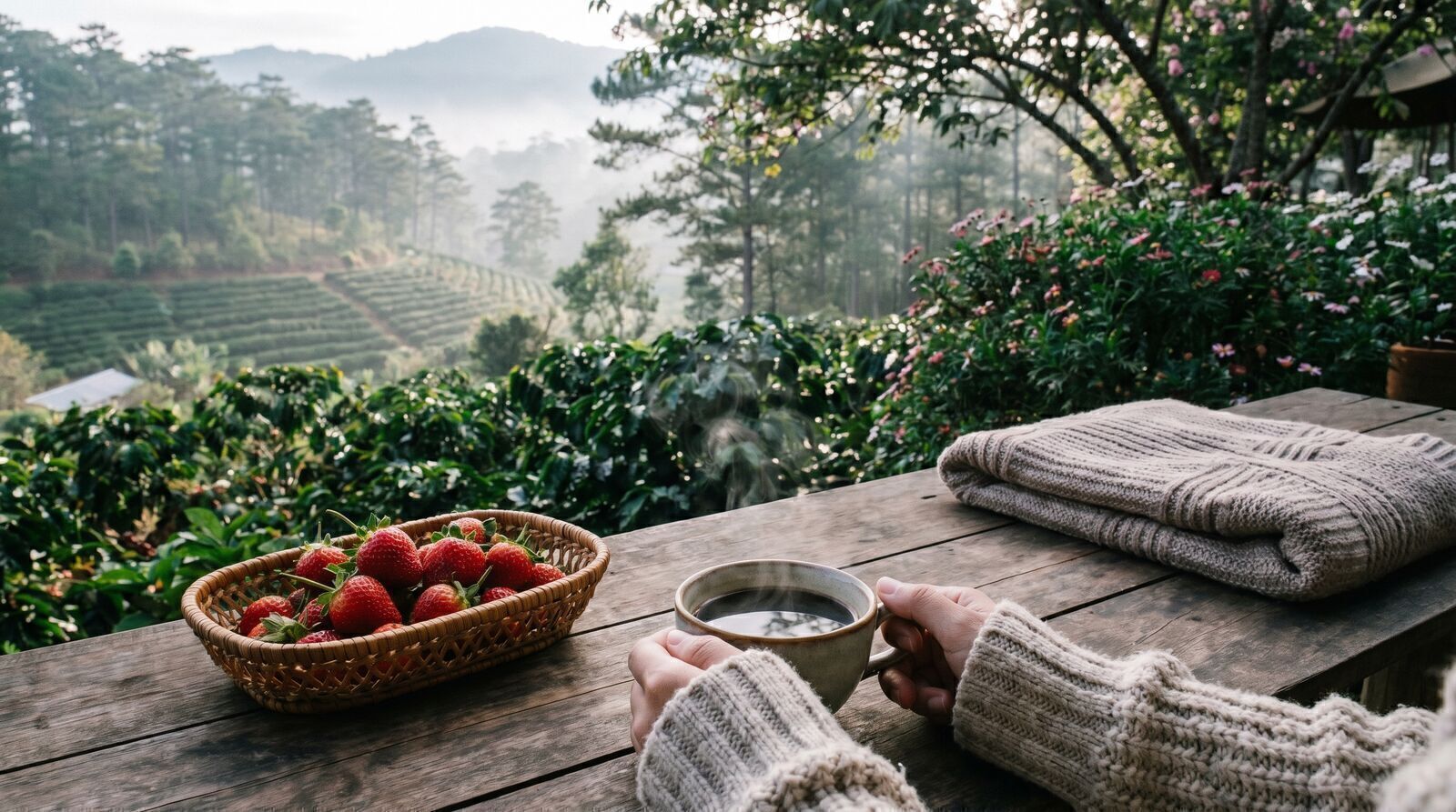 Vietnamese arabica coffee overlooking farms in Da Lat