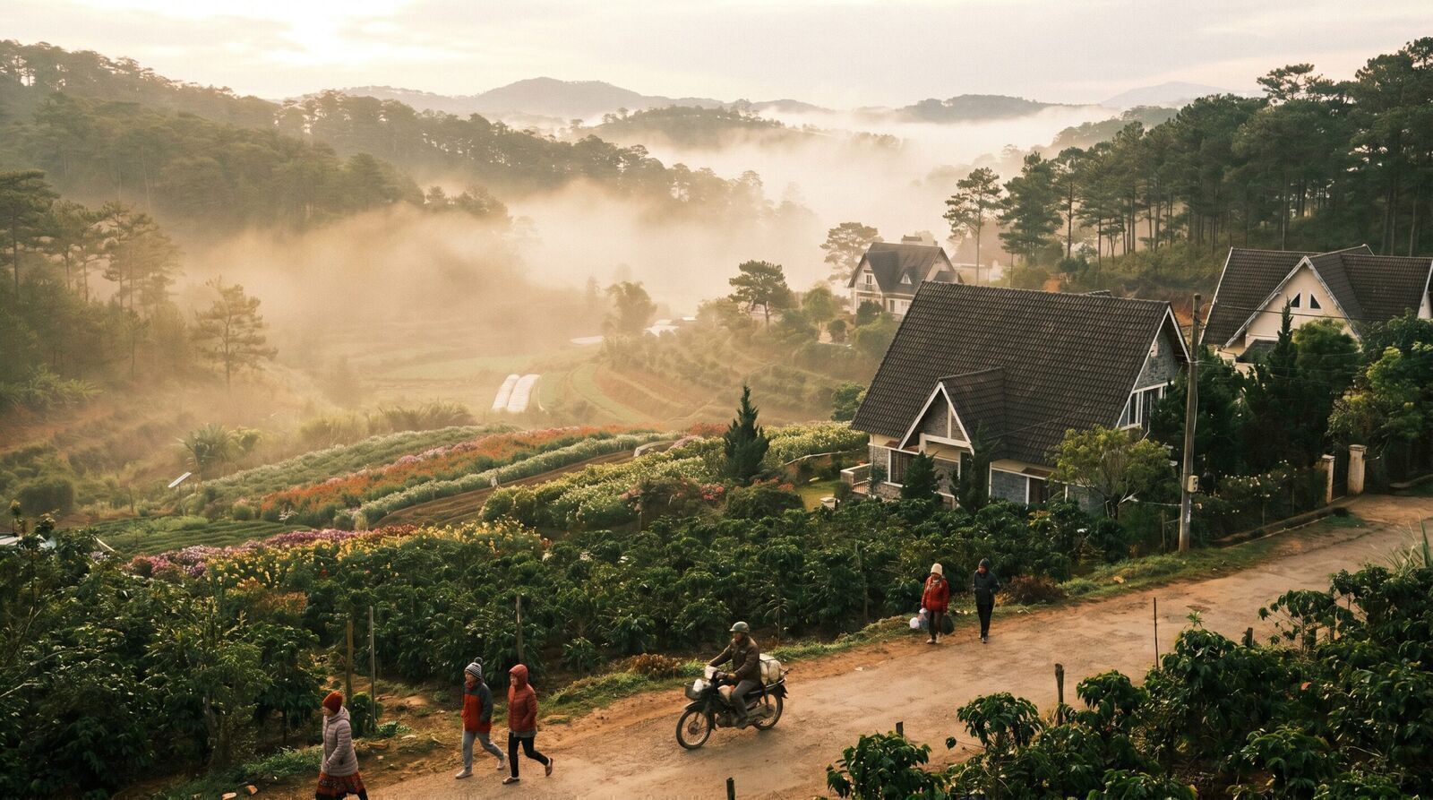 Mist over pine hills and coffee farms in Da Lat Vietnam