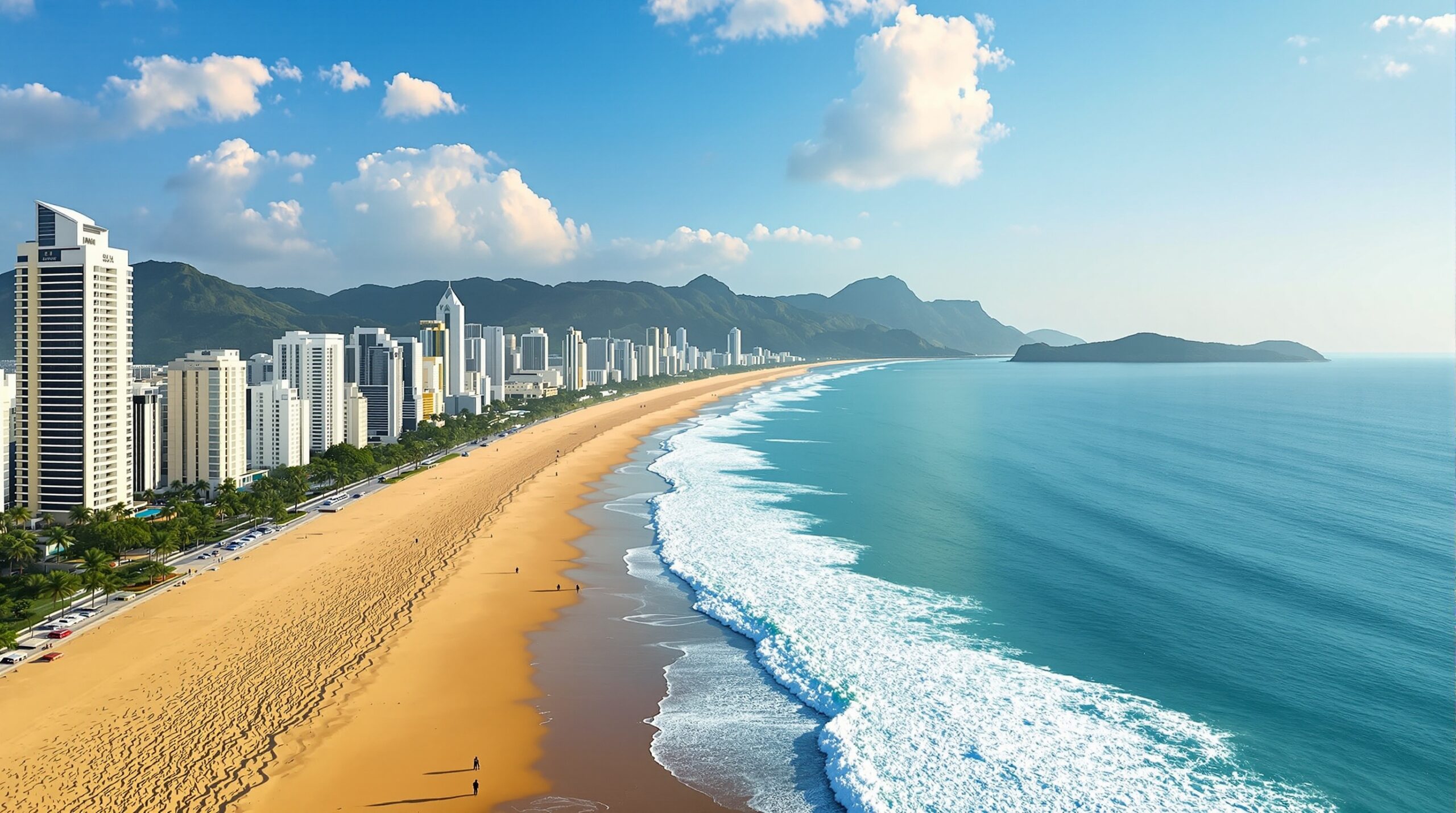 Da Nang city skyline along My Khe beach with mountains