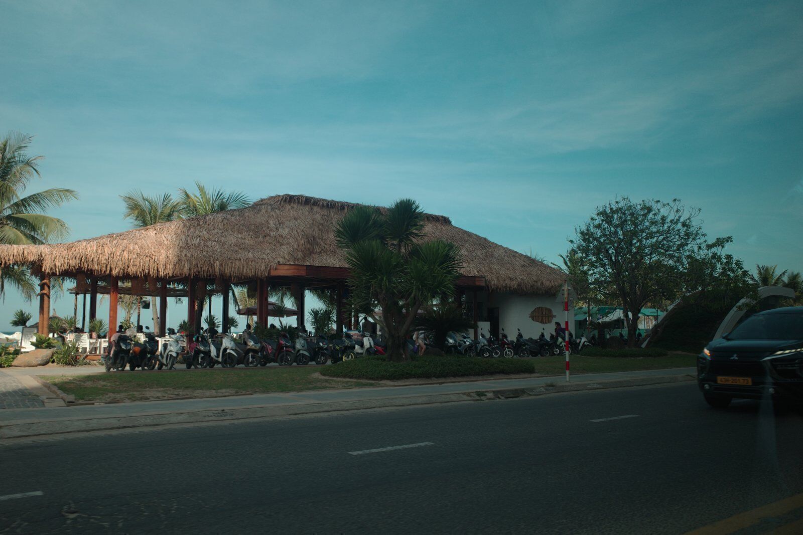 Thatched-roof beachfront restaurant surrounded by palms along the coastal road in Da Nang