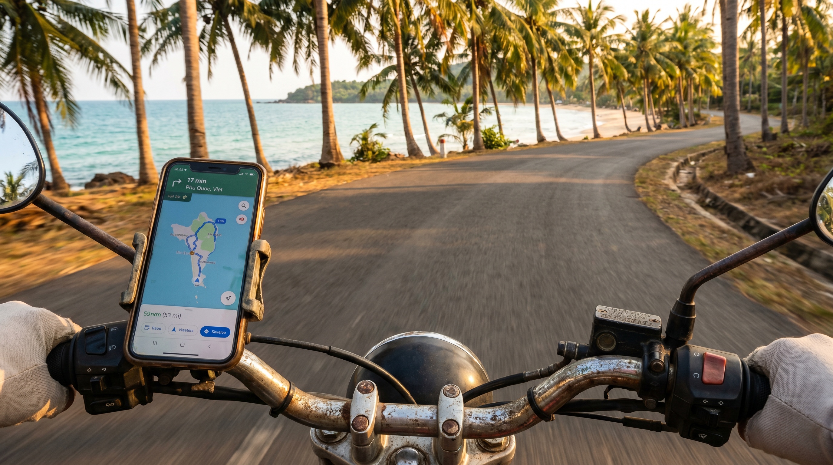 Scooter rider using smartphone map navigation on a coastal road in Vietnam