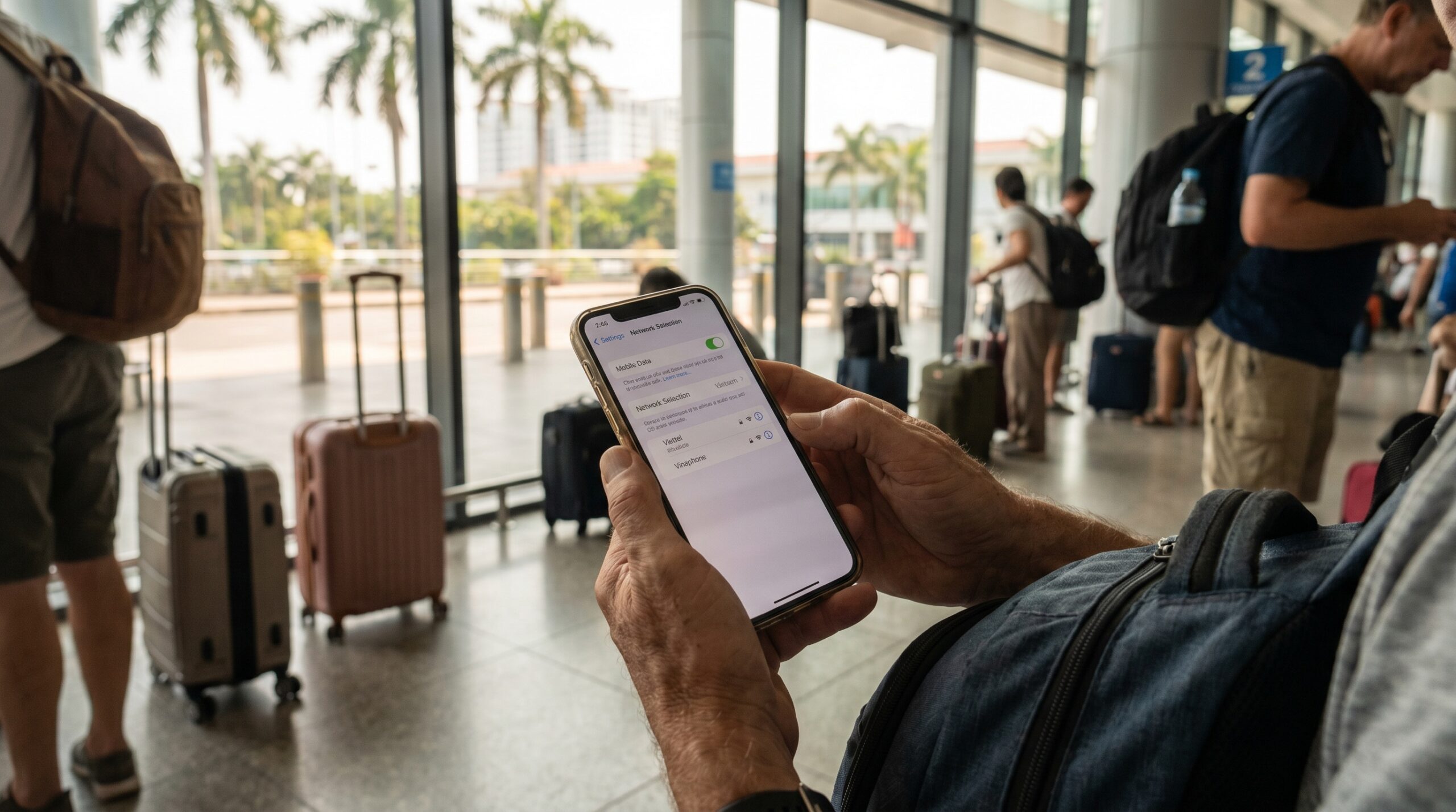 Traveler holding smartphone at tropical airport arrival hall in Vietnam