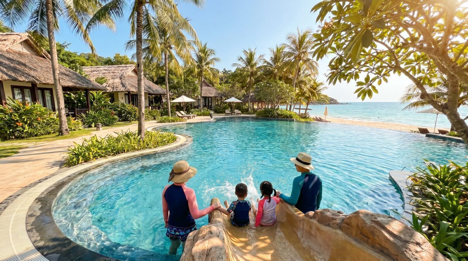 Family playing in resort pool with water slide in Phu Quoc
