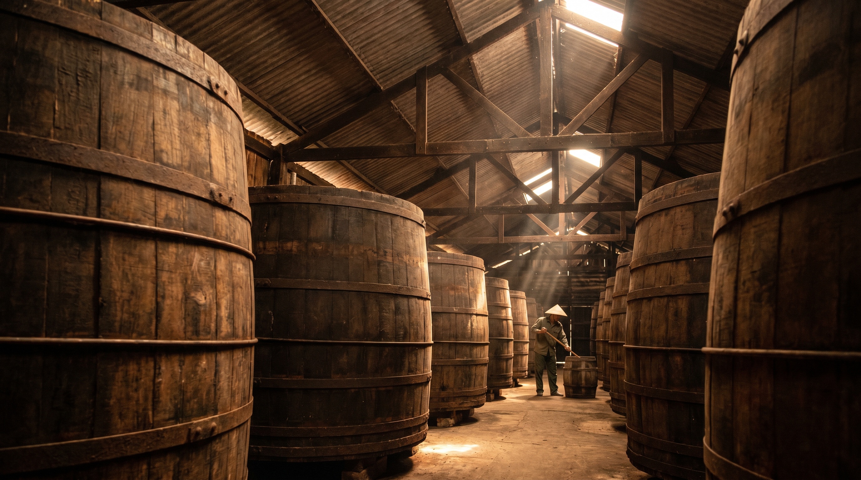 Giant wooden fermentation barrels inside a Phu Quoc fish sauce factory