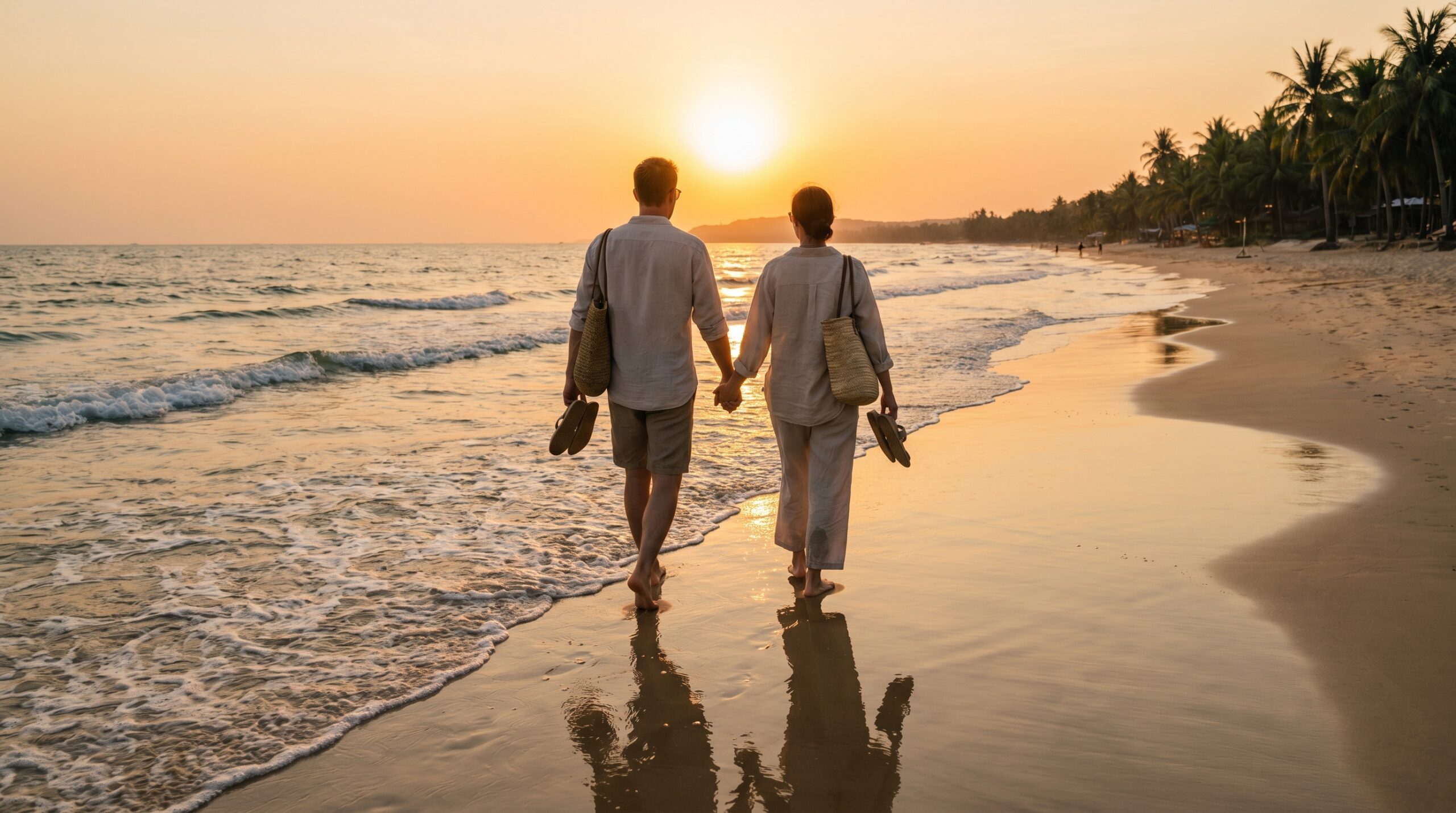 Couple walking Long Beach Phu Quoc at golden hour