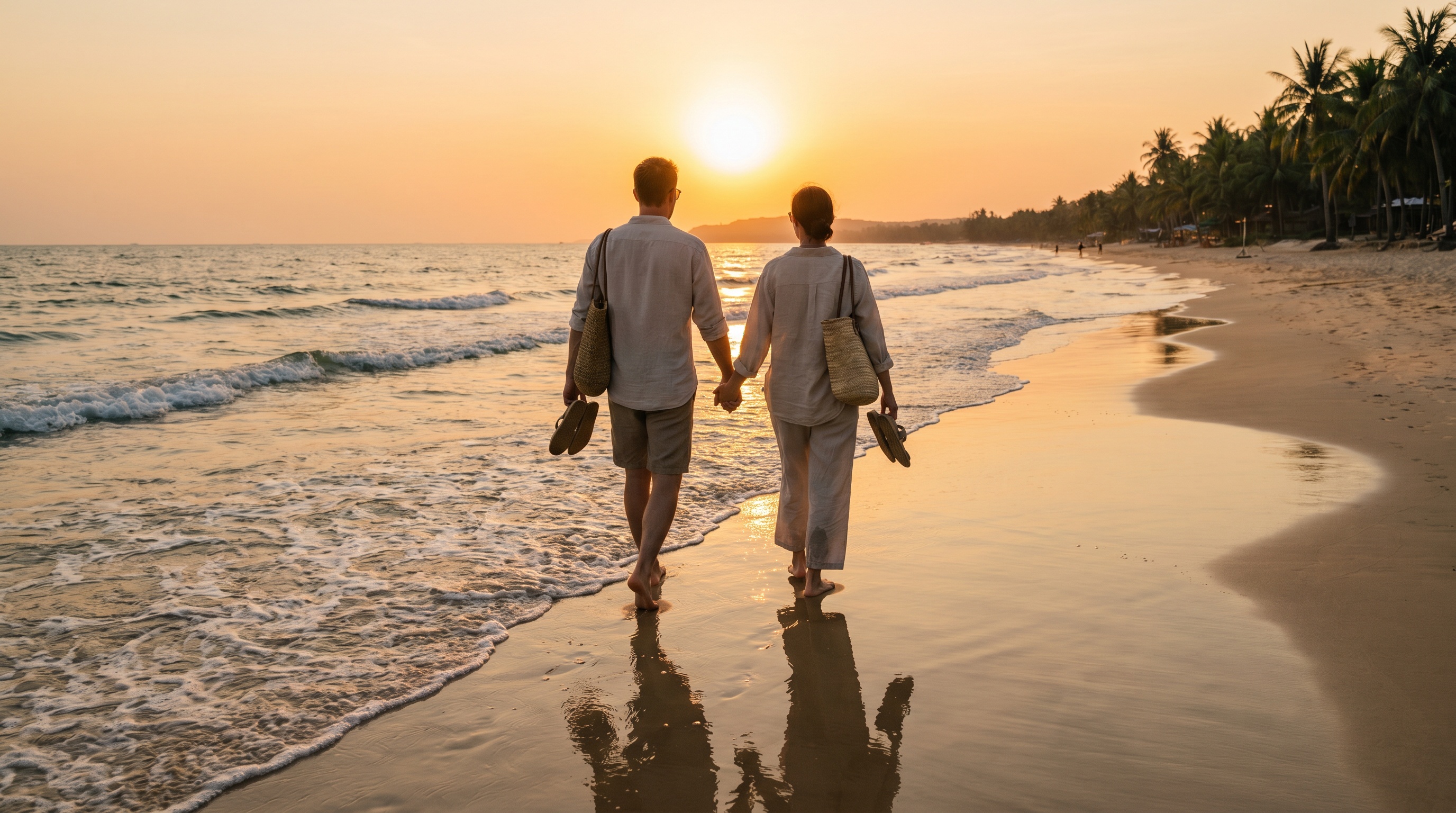 Couple walking Long Beach Phu Quoc at golden hour
