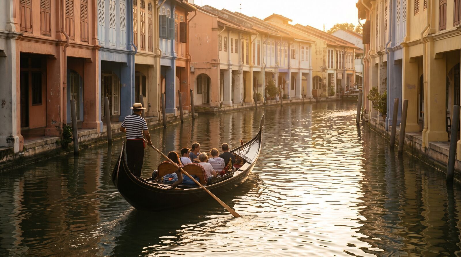 Gondola gliding along the artificial Venice canal between colorful shophouses at Grand World Phu Quoc
