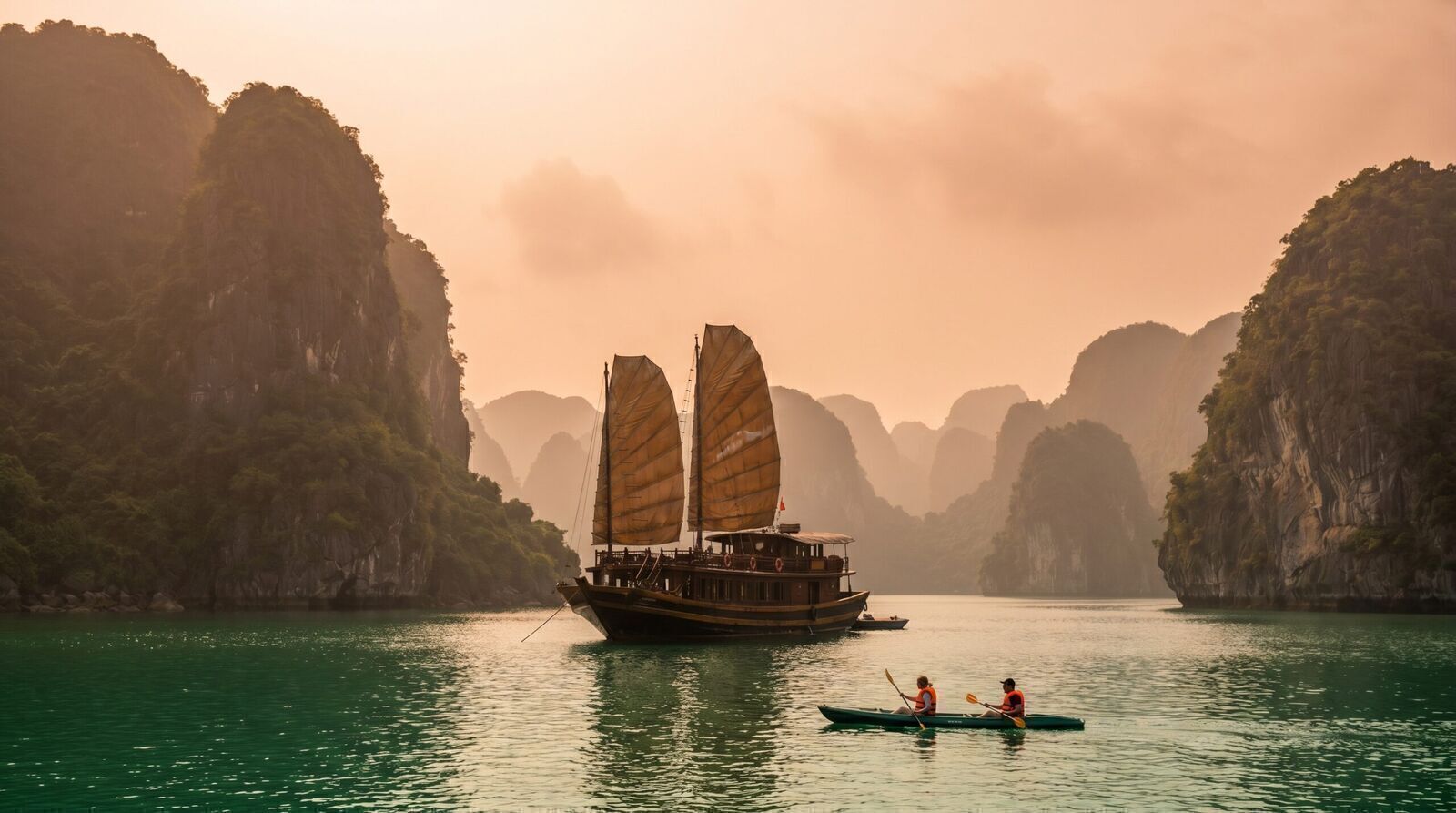 Junk cruise boat among karsts in Lan Ha Bay golden hour