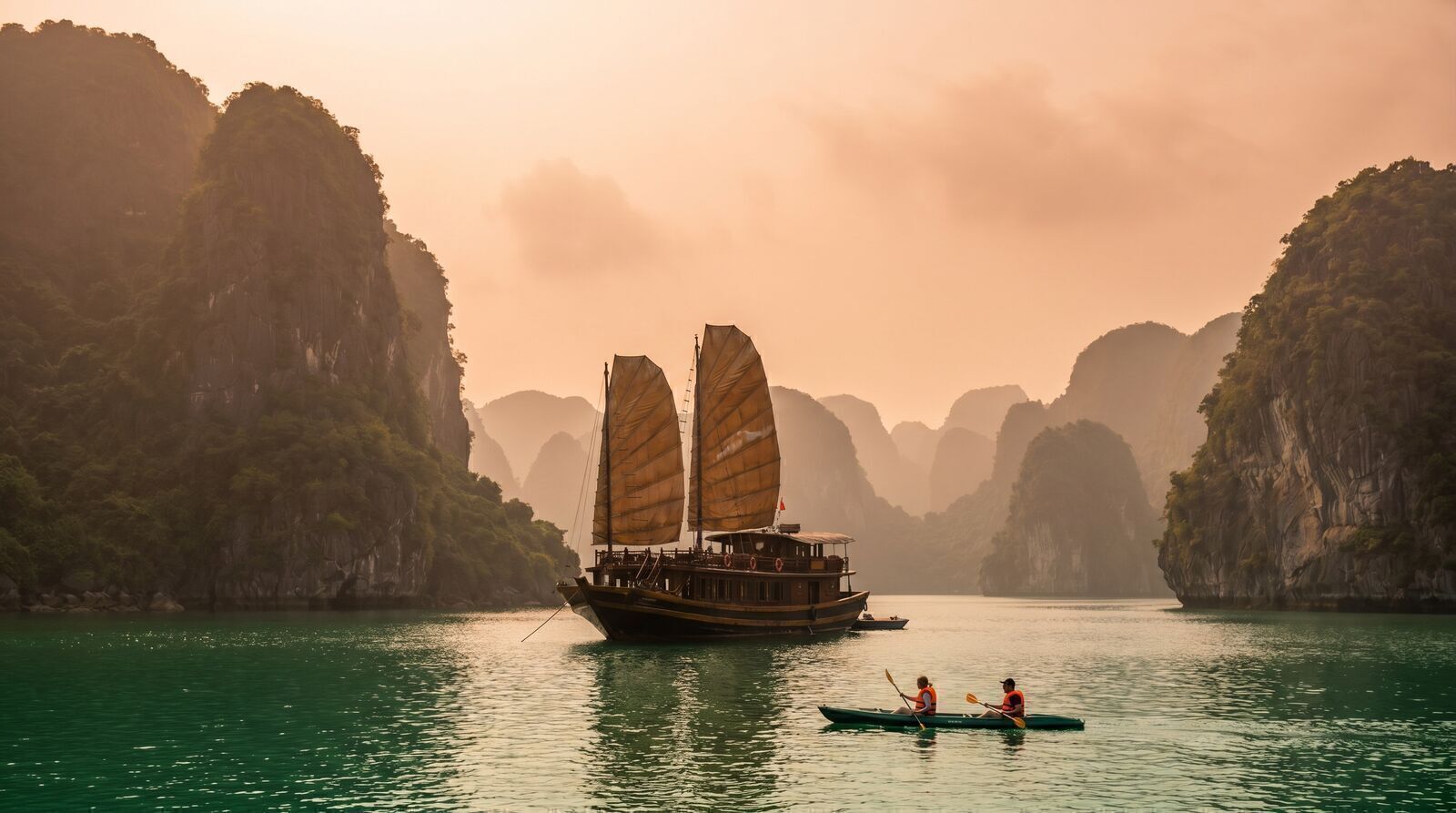 Wooden junk cruise boat among limestone karsts in Lan Ha Bay at golden hour