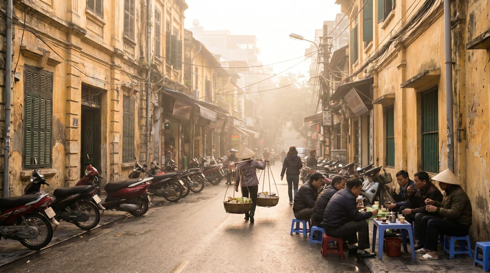 Morning street cafe scene in Hanoi Old Quarter