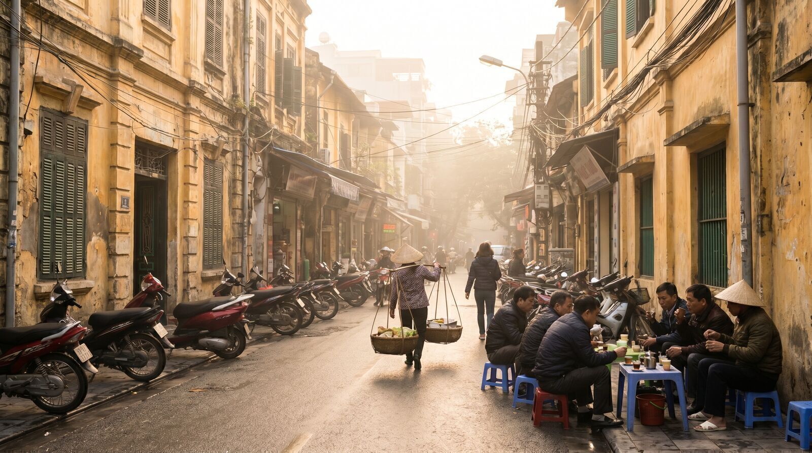 Morning street scene with cafe stools in Hanoi Old Quarter