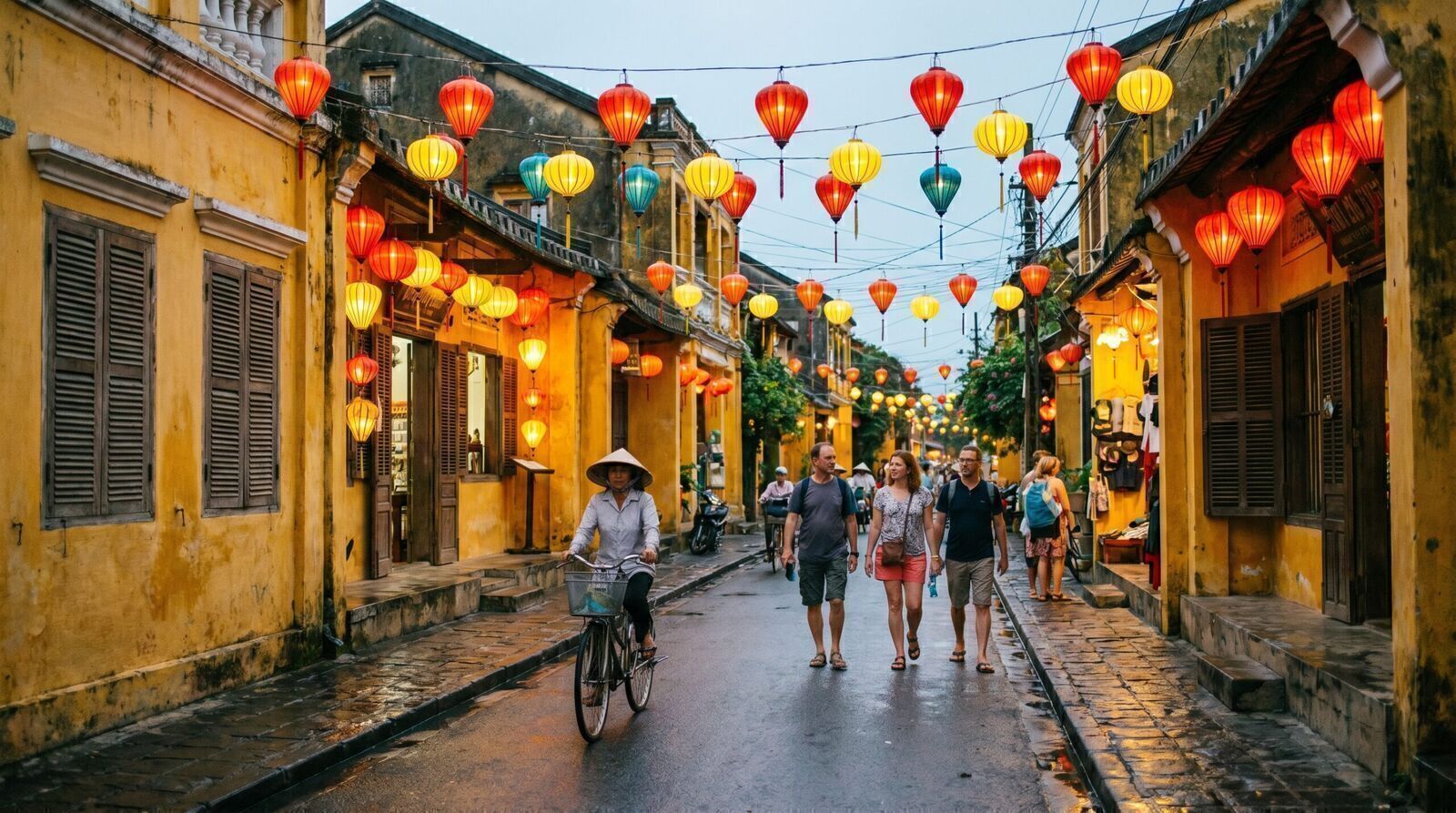 Lantern lit street in Hoi An ancient town at evening