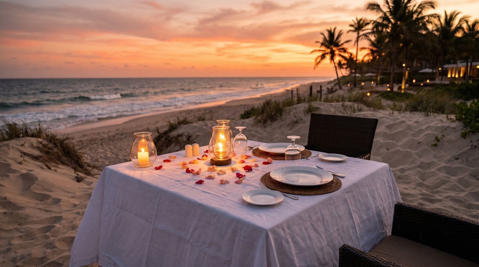 Candlelit dinner table for two set on the sand at sunset at a Phu Quoc beach resort
