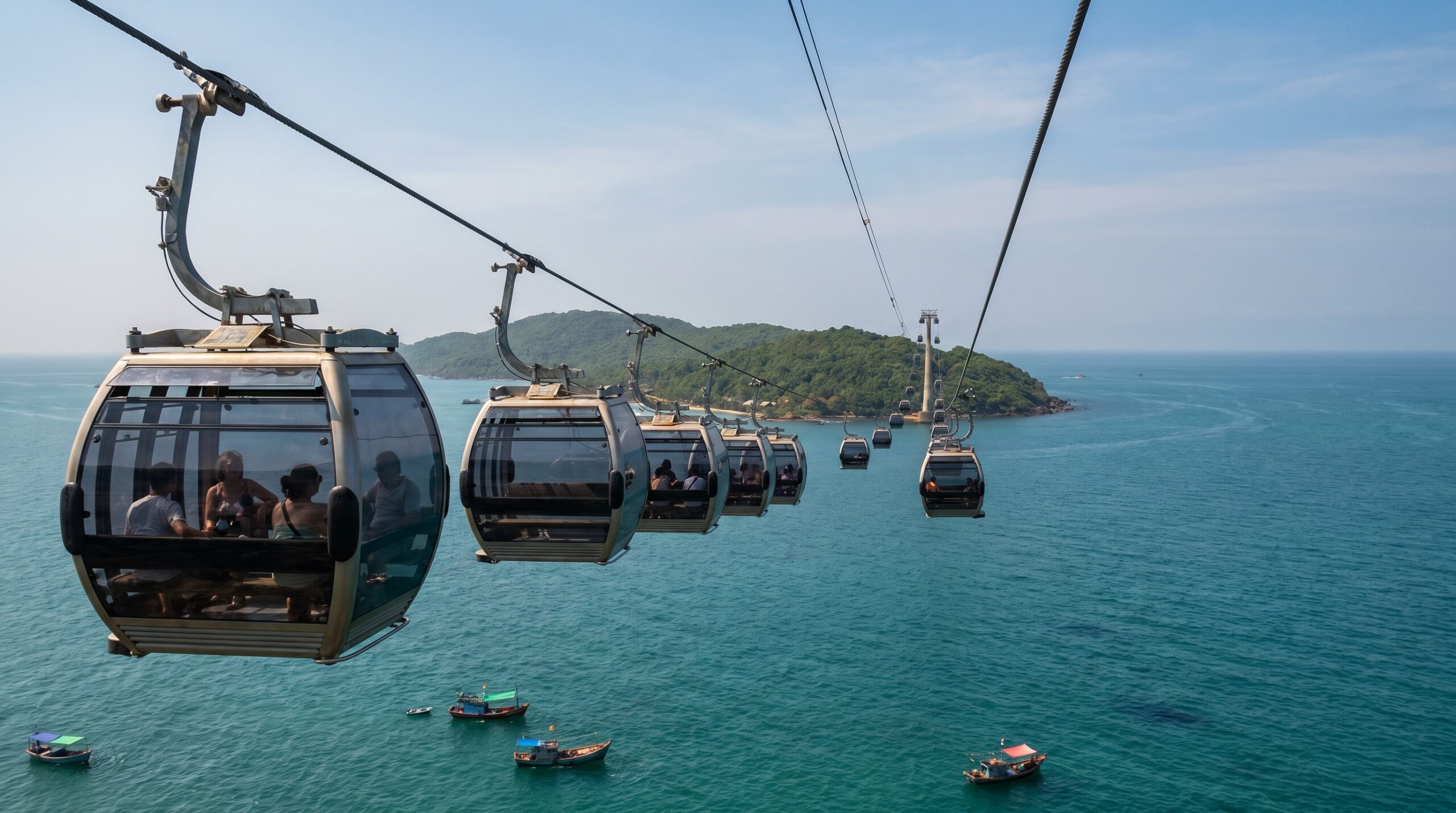 Hon Thom cable car cabins crossing turquoise sea between islands in Phu Quoc