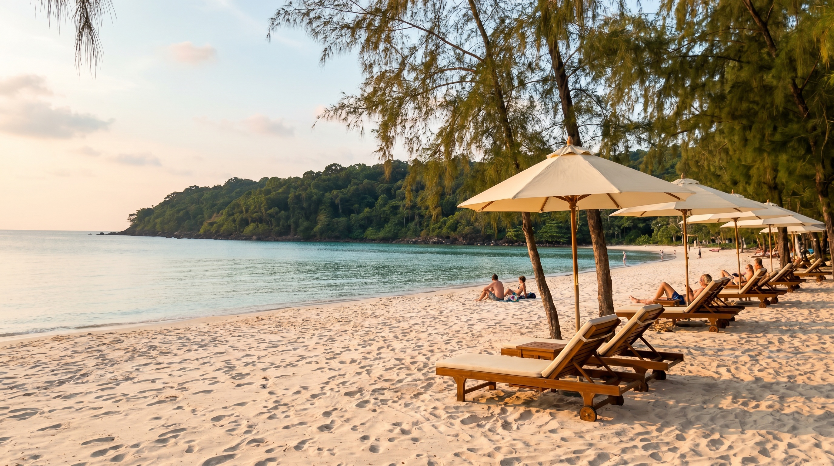 Calm creamy sand and sun loungers at Khem Beach Phu Quoc in late afternoon light