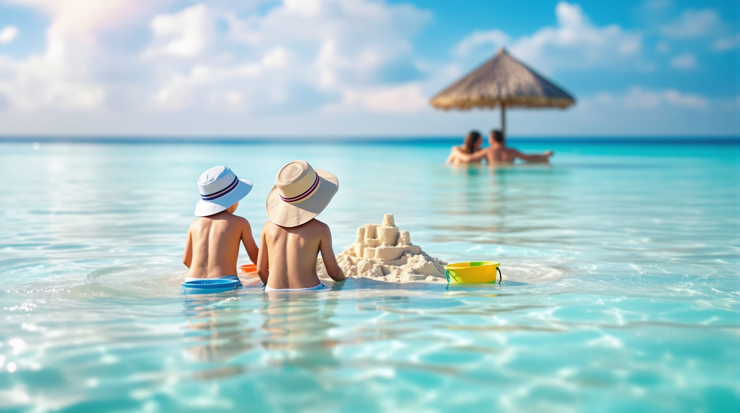 Children building sandcastle in shallow water Phu Quoc family beach