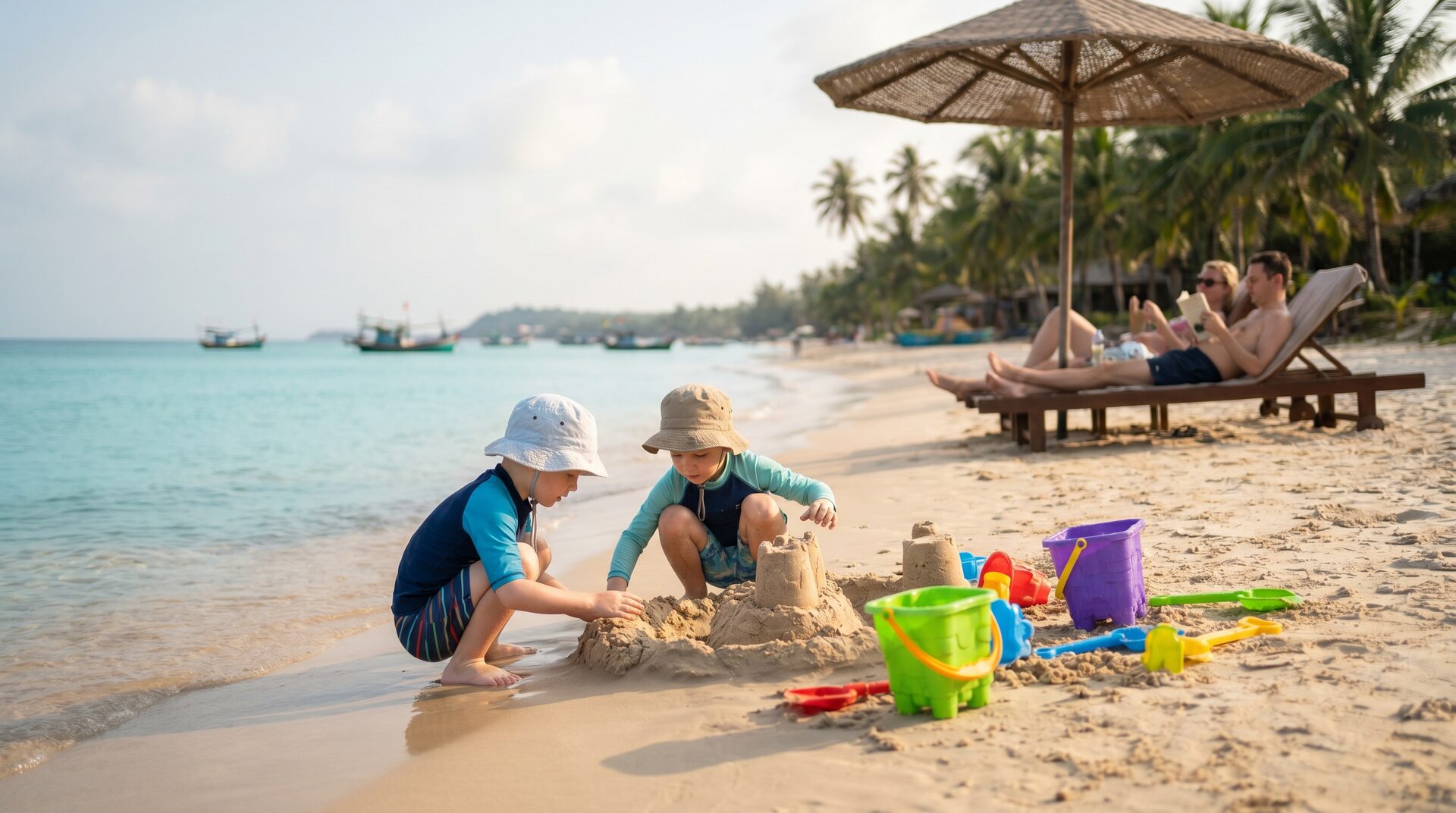 Children building a sandcastle in calm shallow water on a Phu Quoc beach