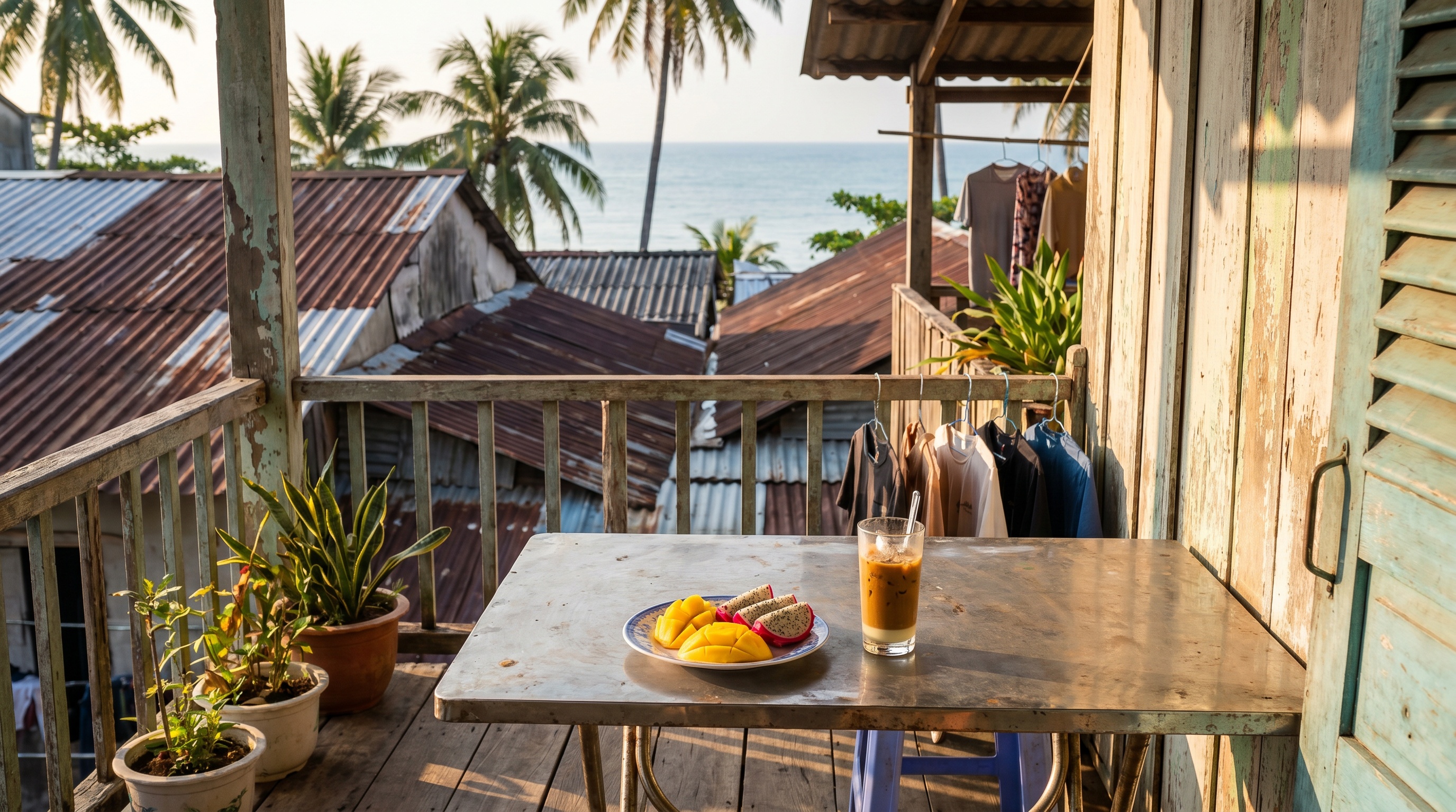 Balcony breakfast with tropical fruit and Vietnamese coffee overlooking the sea in Phu Quoc