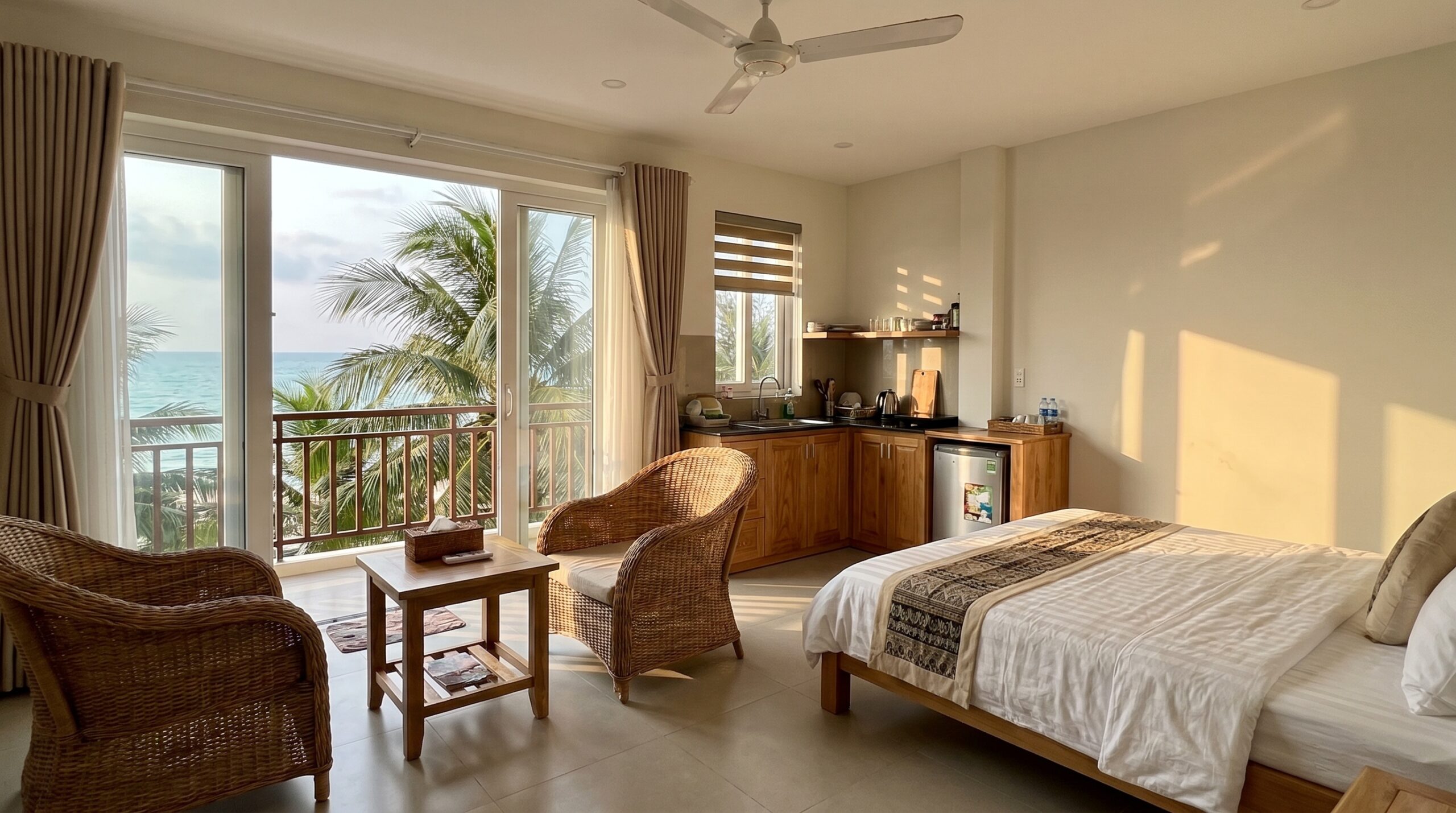 Bright studio apartment with balcony palm view in Phu Quoc