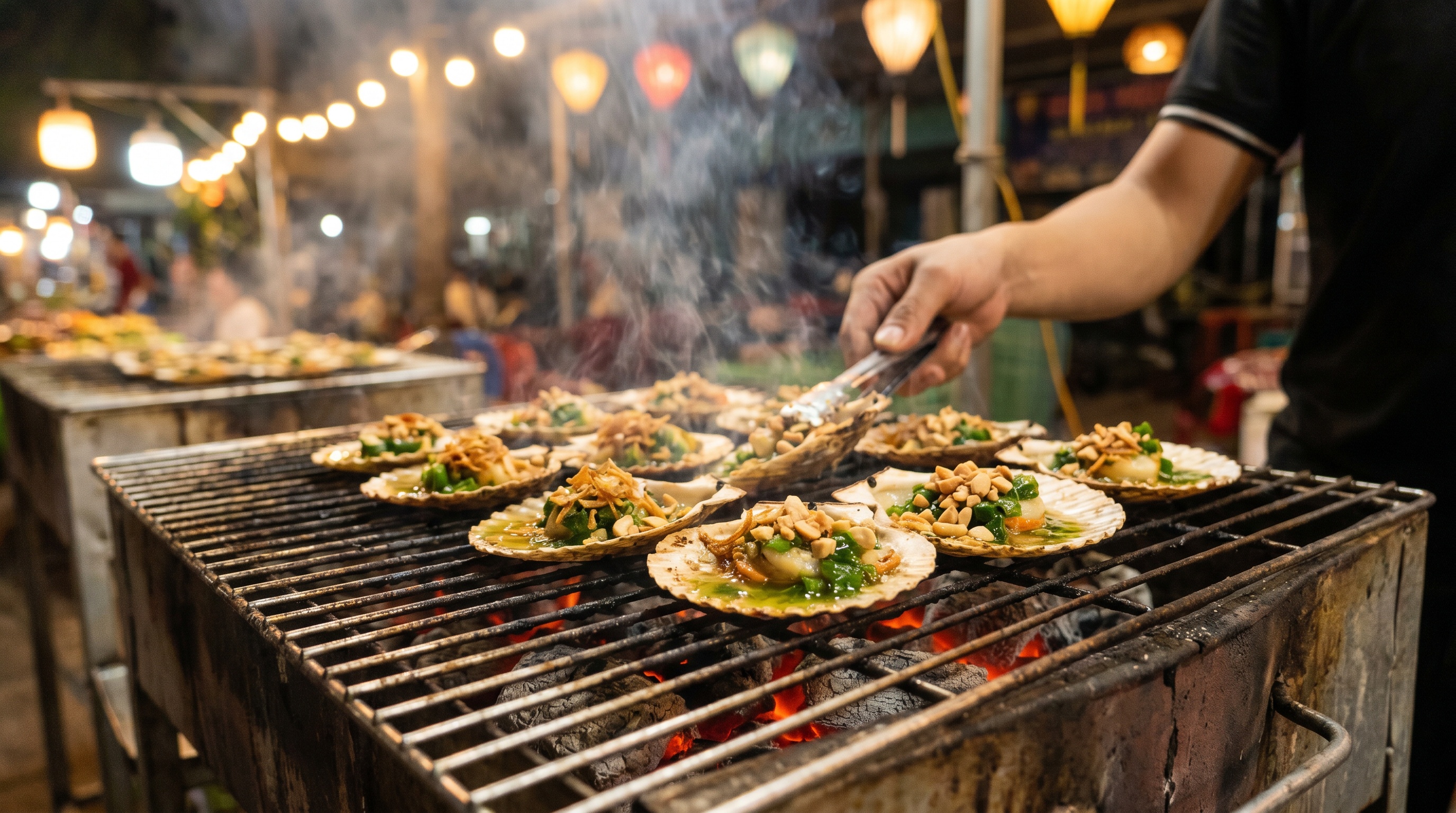 Grilled scallops with scallion oil and peanuts at the Phu Quoc night market