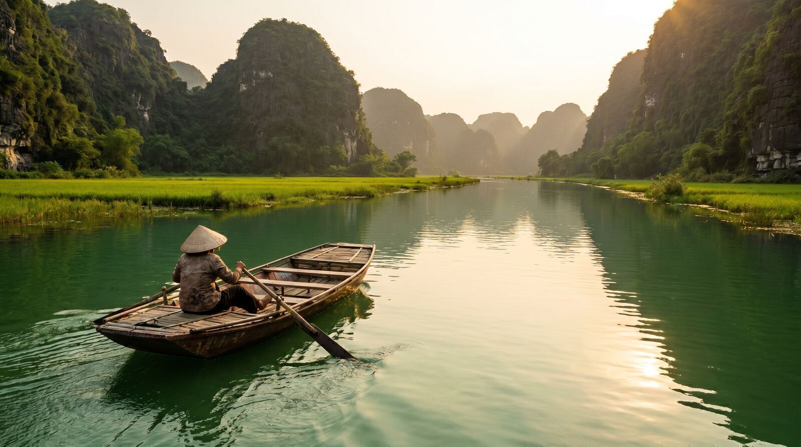 Sampan boat rowed through limestone karst river in Ninh Binh Vietnam