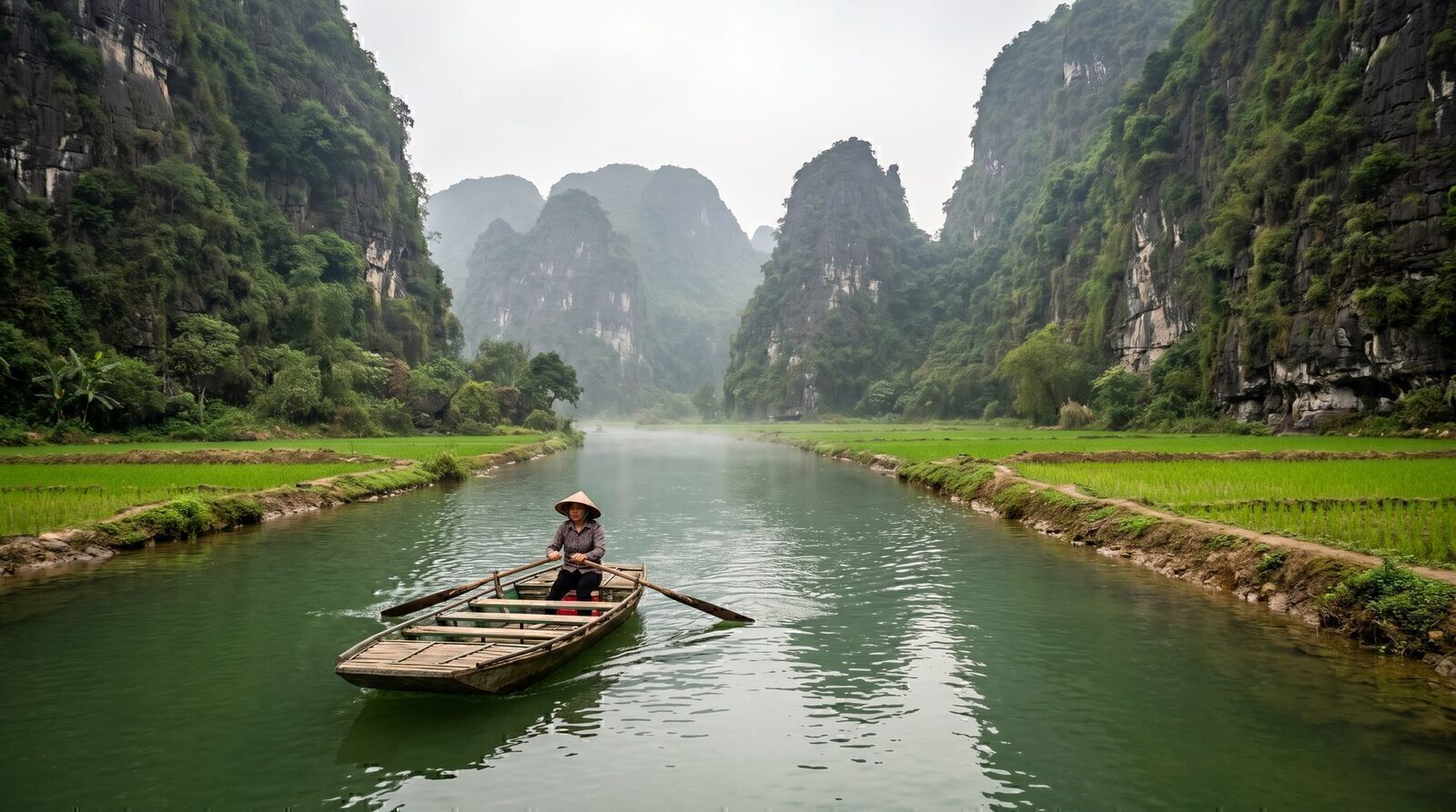 Sampan boat rowed between limestone karsts and young green rice paddies at Trang An, Ninh Binh in spring