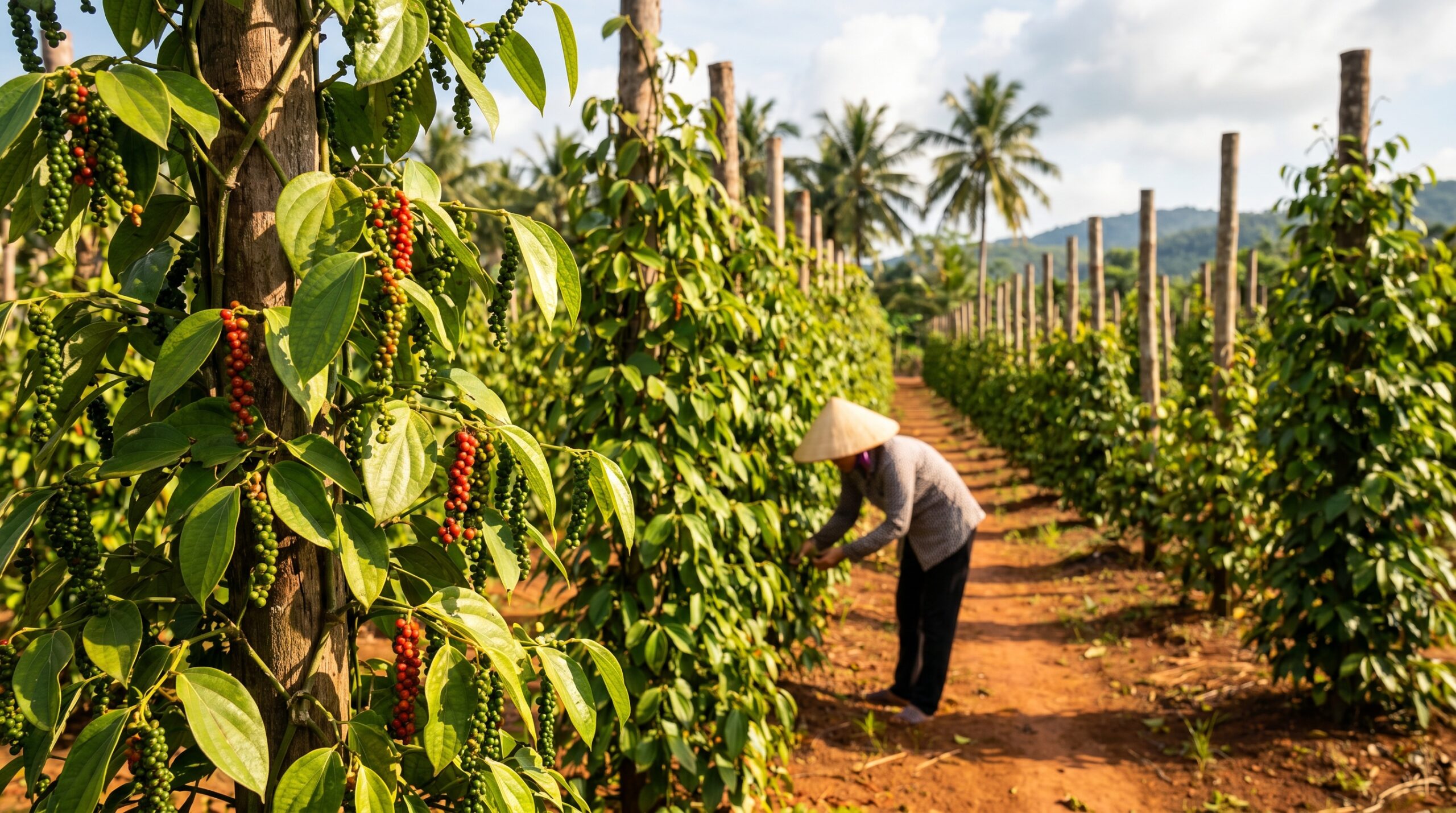 Pepper vines with ripening peppercorns at a Phu Quoc pepper farm