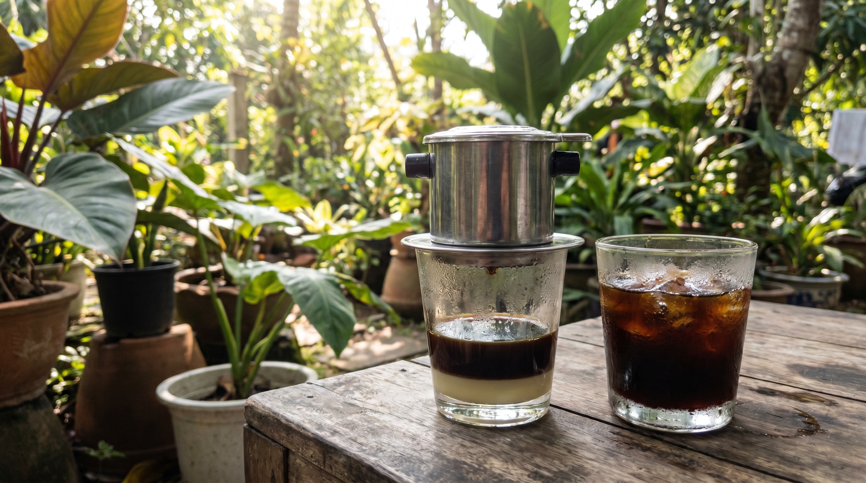 Phin filter dripping Vietnamese coffee into a glass with condensed milk at a Phu Quoc cafe