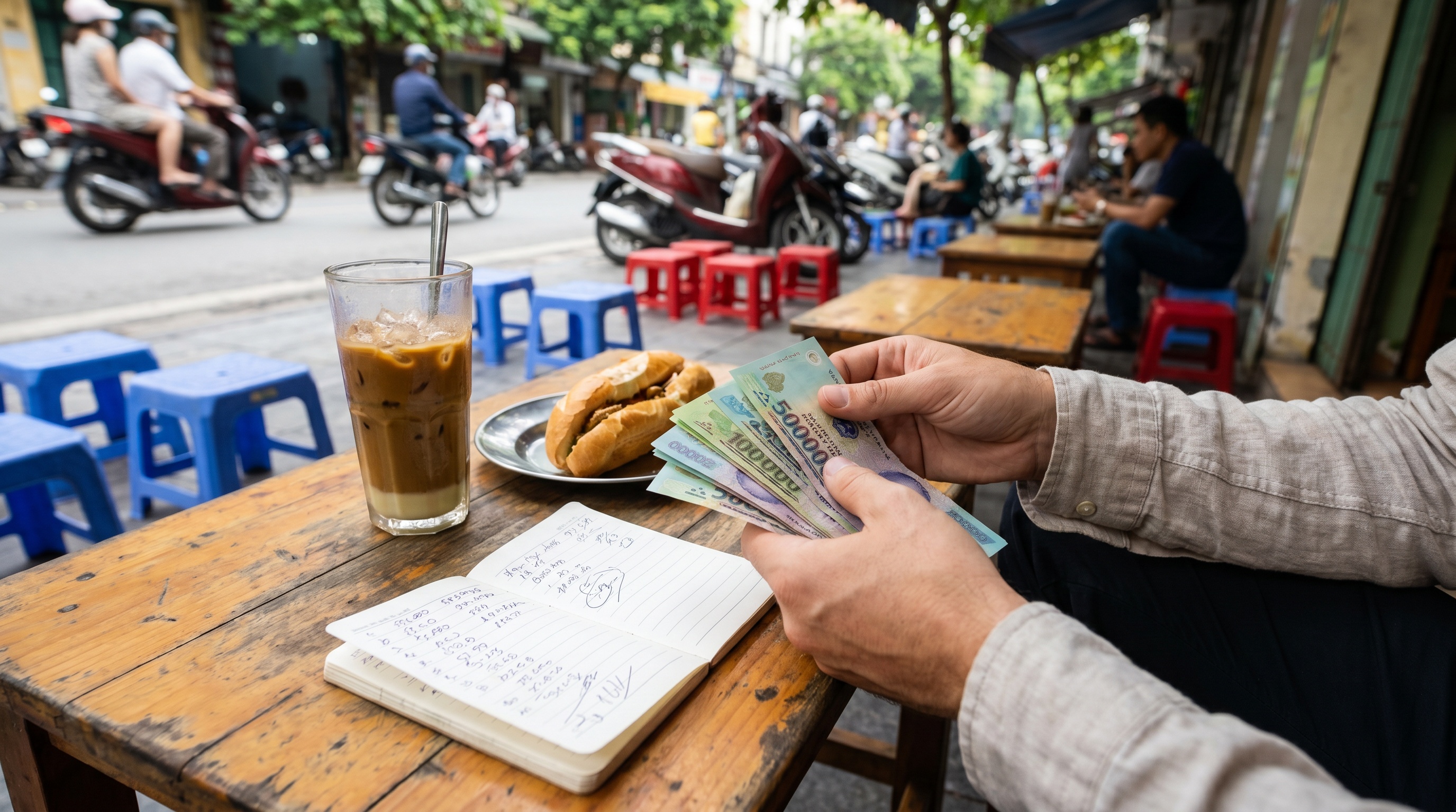 Counting Vietnamese dong over a notebook at a street cafe in Phu Quoc
