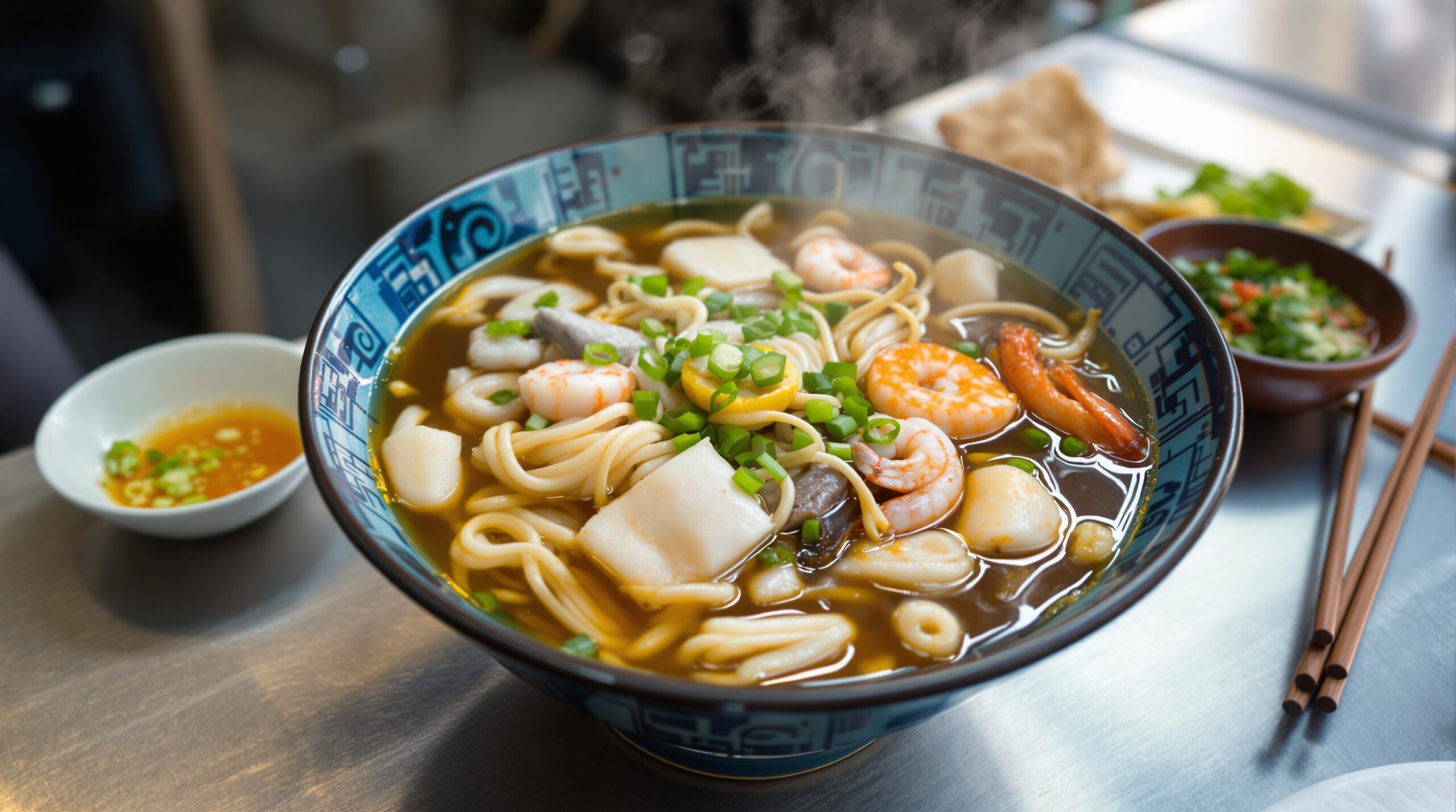 Bowl of bun quay noodle soup with squid and shrimp in Phu Quoc