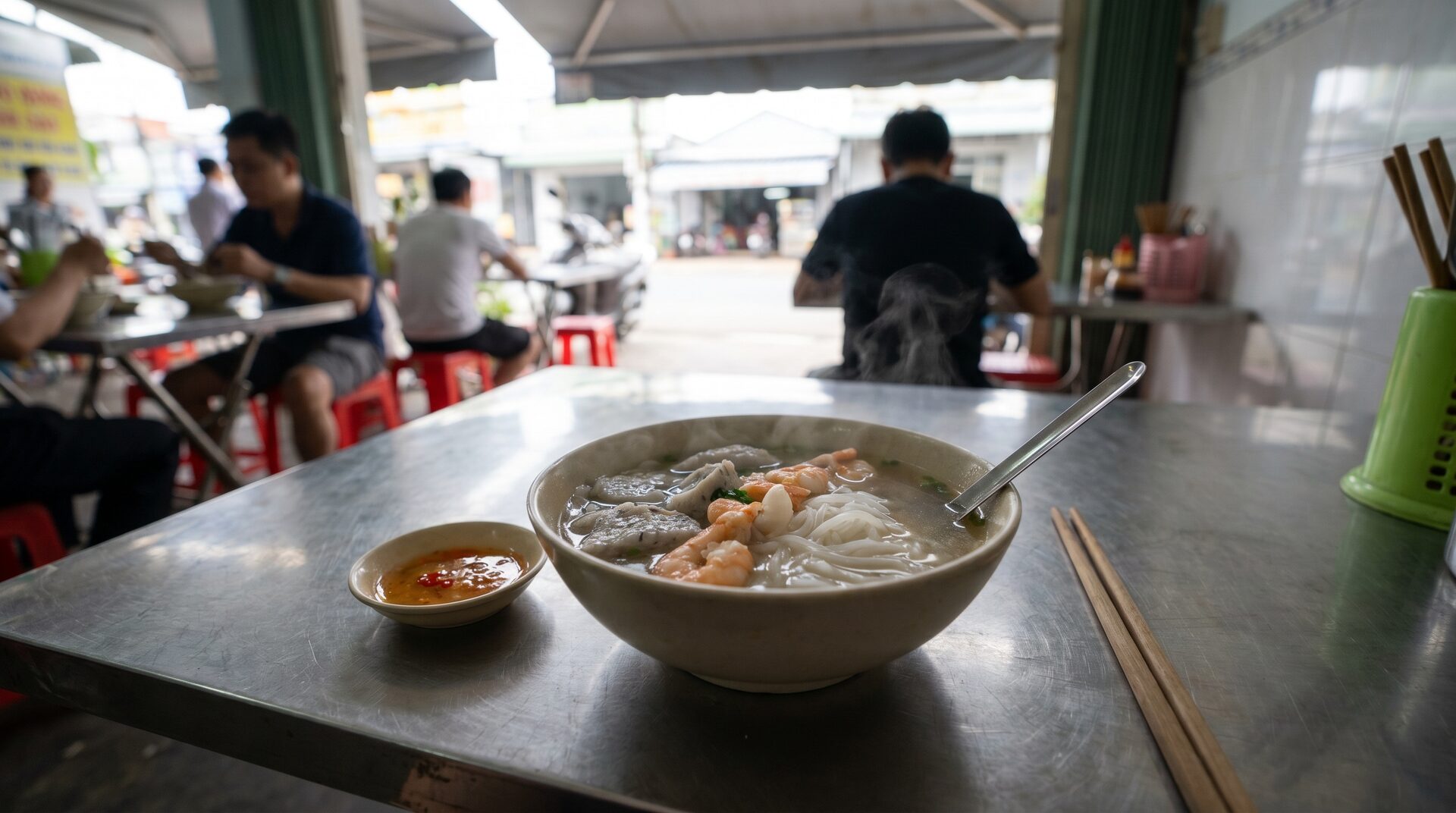 Bowl of bun quay Phu Quoc noodle soup with squid and shrimp