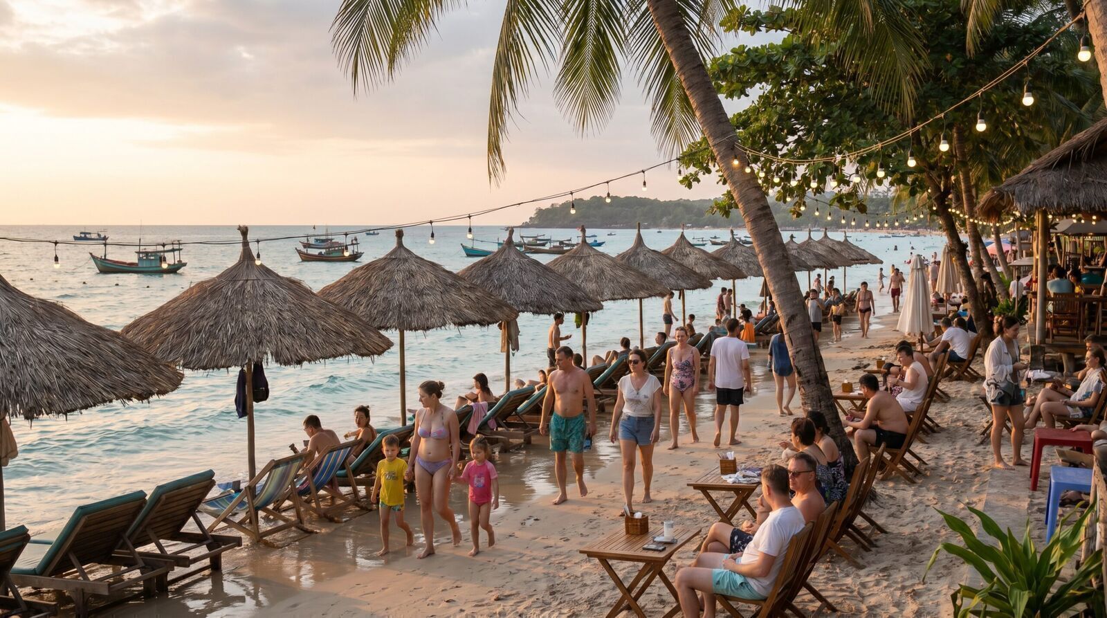 Phu Quoc Long Beach at golden hour in peak December season with beach umbrellas