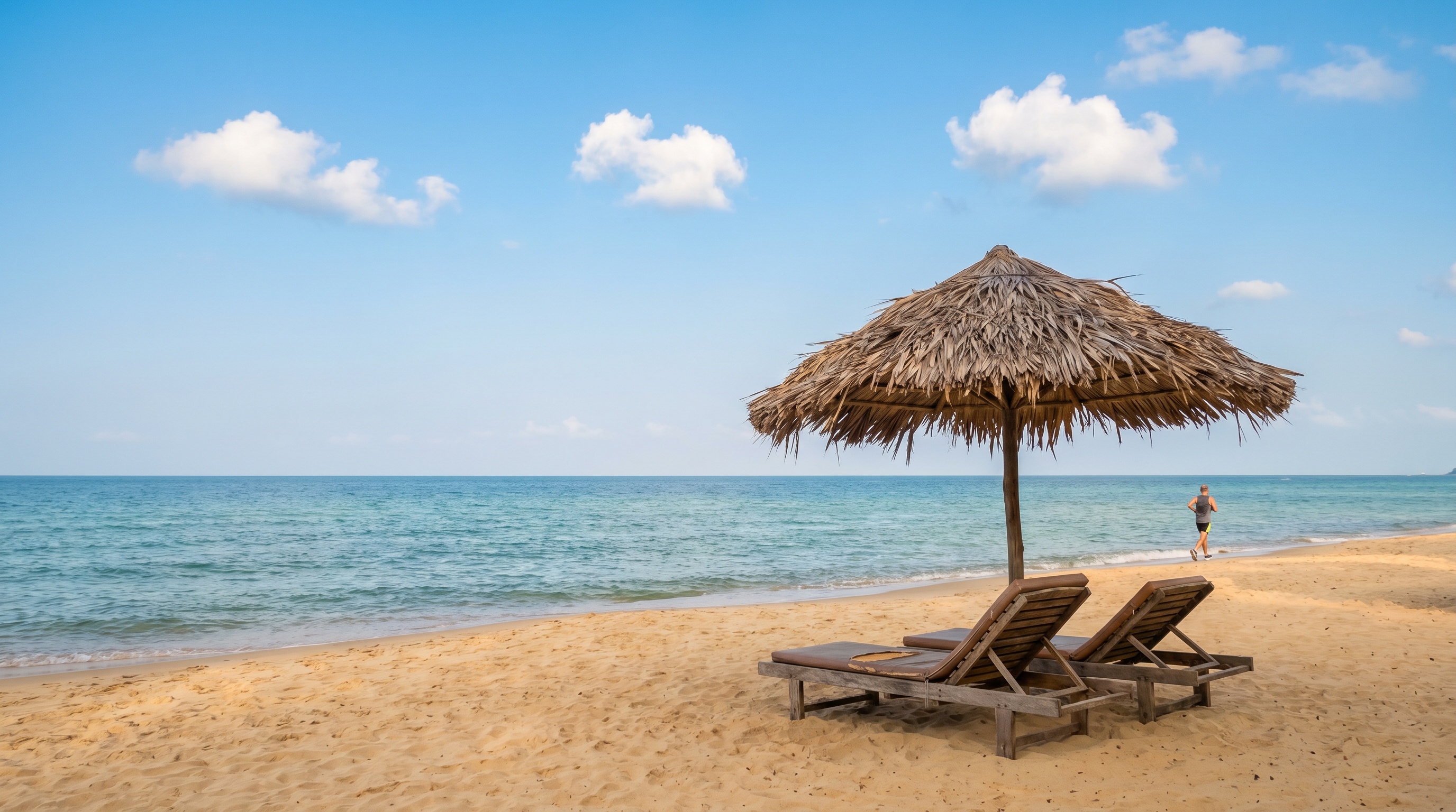 Calm sunny dry season day with beach umbrella and loungers on a Phu Quoc beach