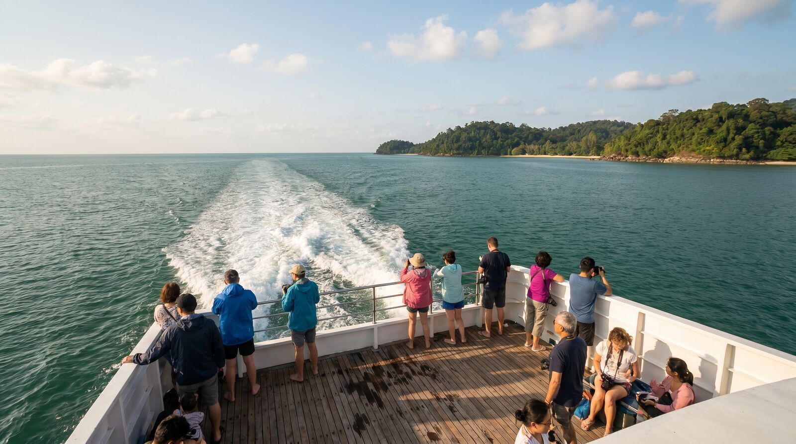 Passengers on the open deck of a fast ferry approaching Phu Quoc island on a sunny day