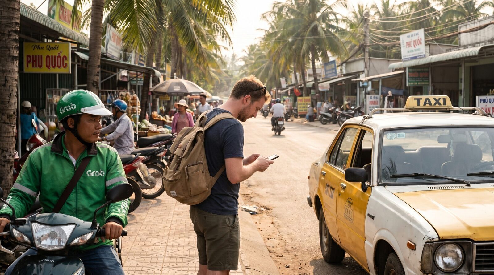 GrabBike driver and taxi waiting on a palm-lined street in Phu Quoc