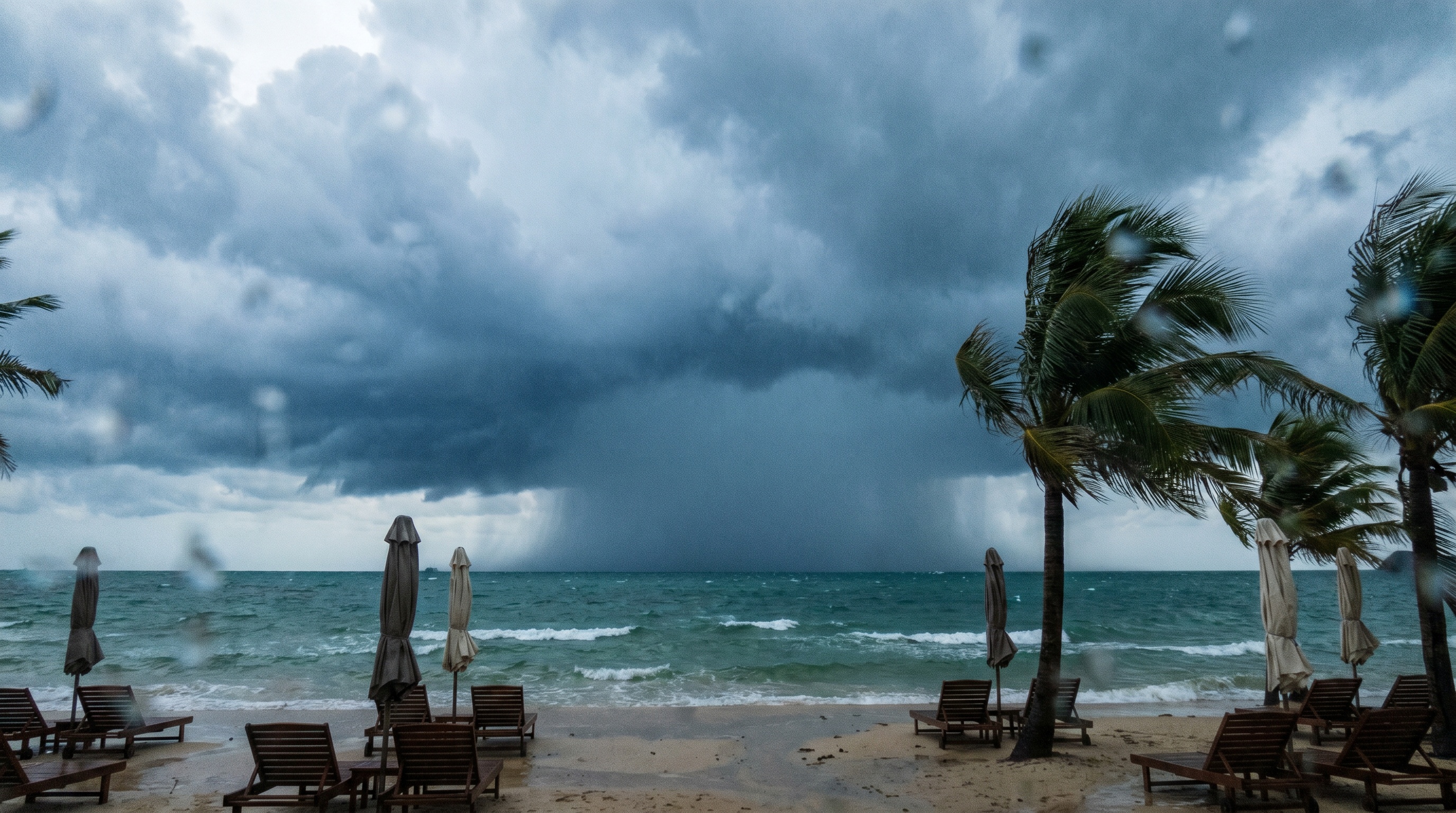 Dramatic monsoon storm clouds and rain approaching a Phu Quoc beach over the sea