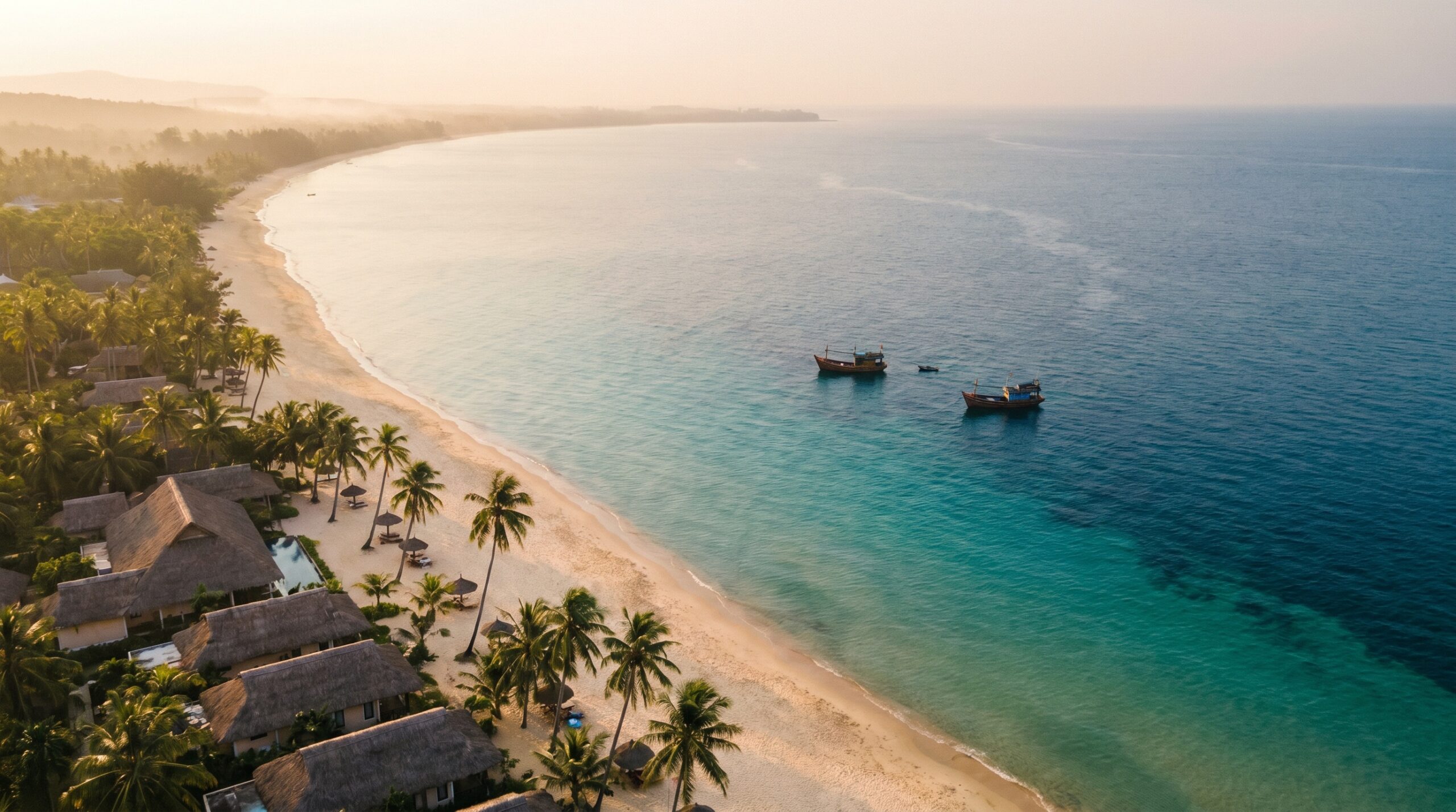 Aerial view of Phu Quoc island coastline with white sand beach and turquoise water