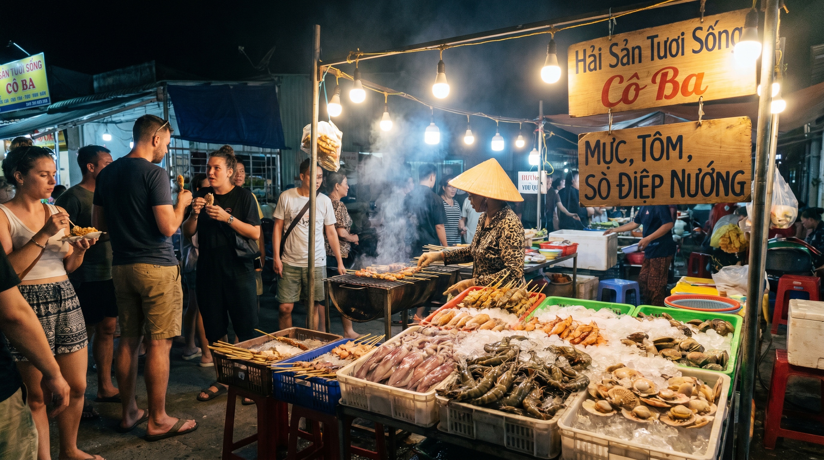 Fresh seafood grilling over charcoal at the Phu Quoc night market