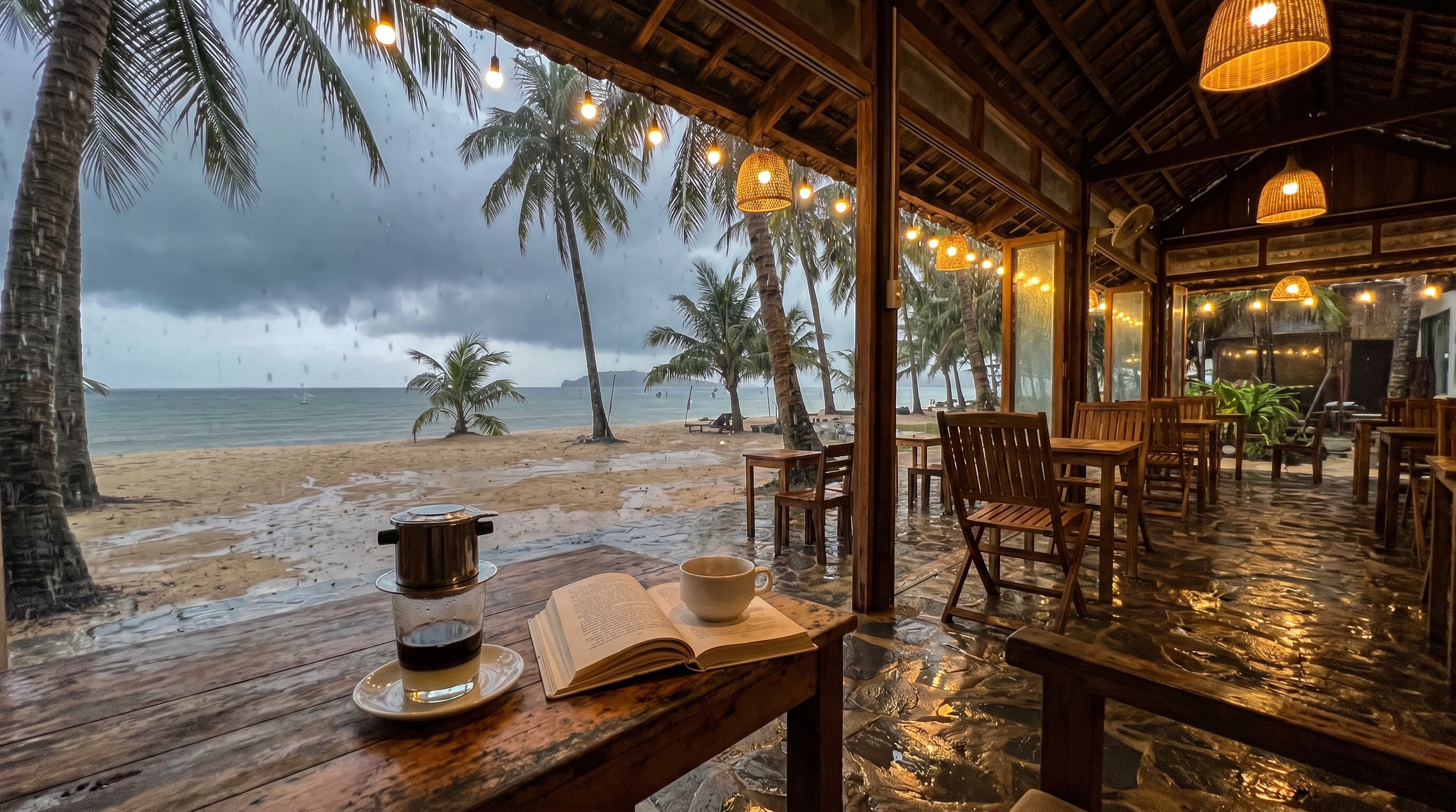 Watching tropical rain from a cozy cafe in Phu Quoc during monsoon season