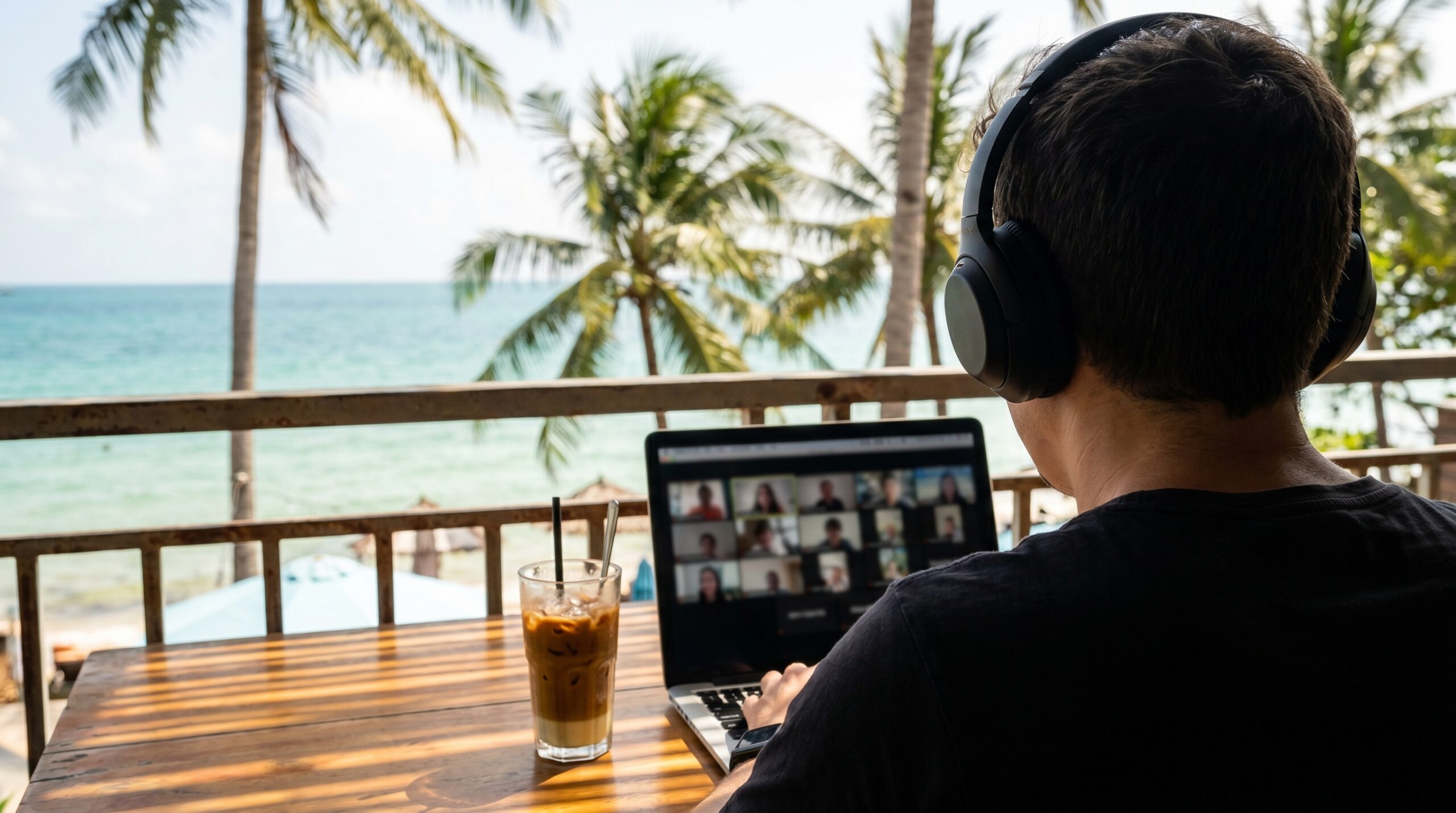 Remote worker on video call at cafe terrace with sea view in Phu Quoc