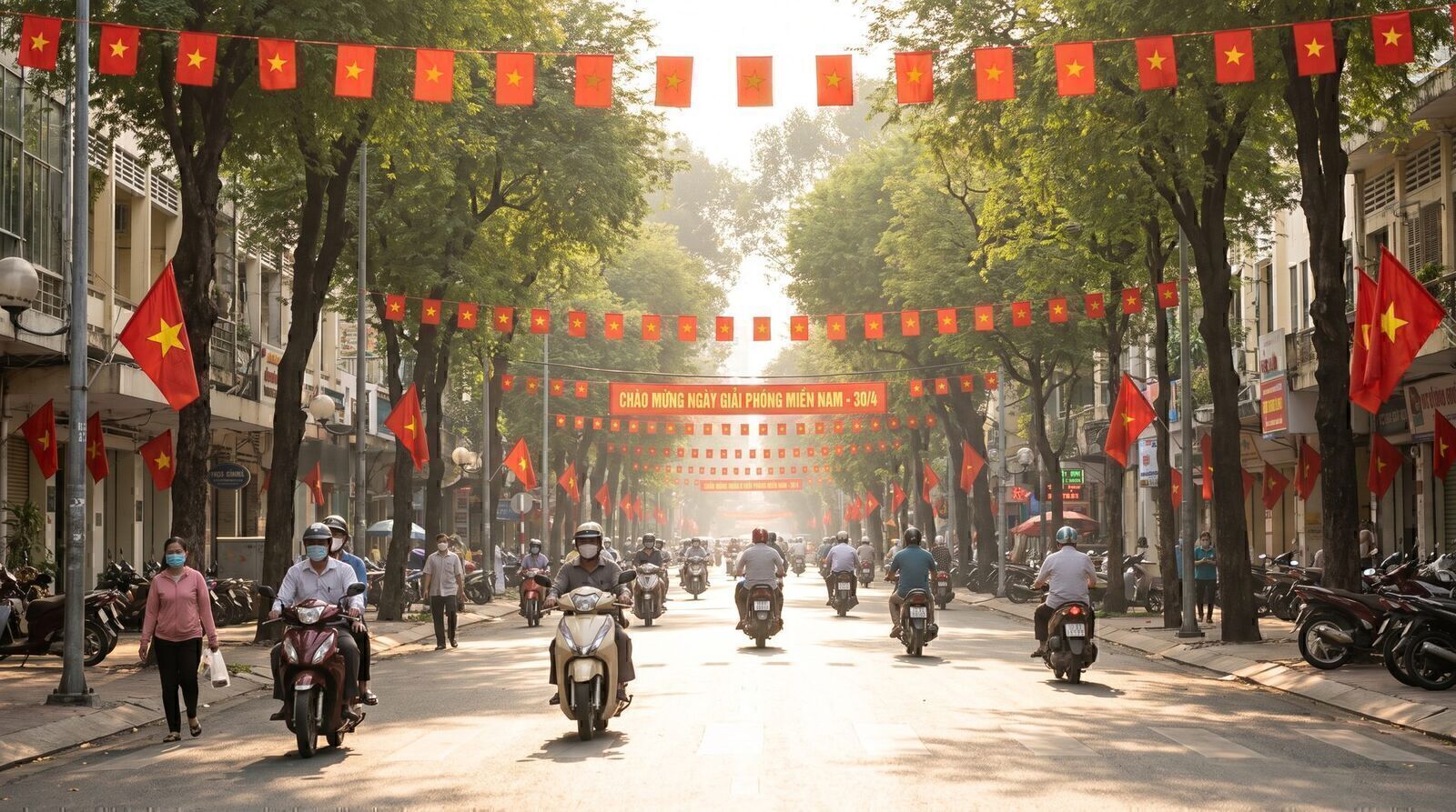 Saigon boulevard lined with red Vietnamese flags and a Reunification Day banner for the April 30 holiday
