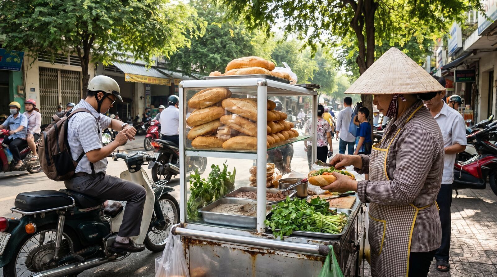 Banh mi street cart with baguettes in Saigon