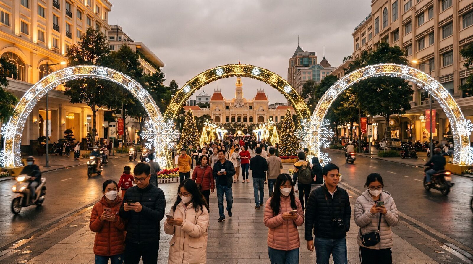 Christmas light arches over Nguyen Hue walking street in Saigon with City Hall in the background in December