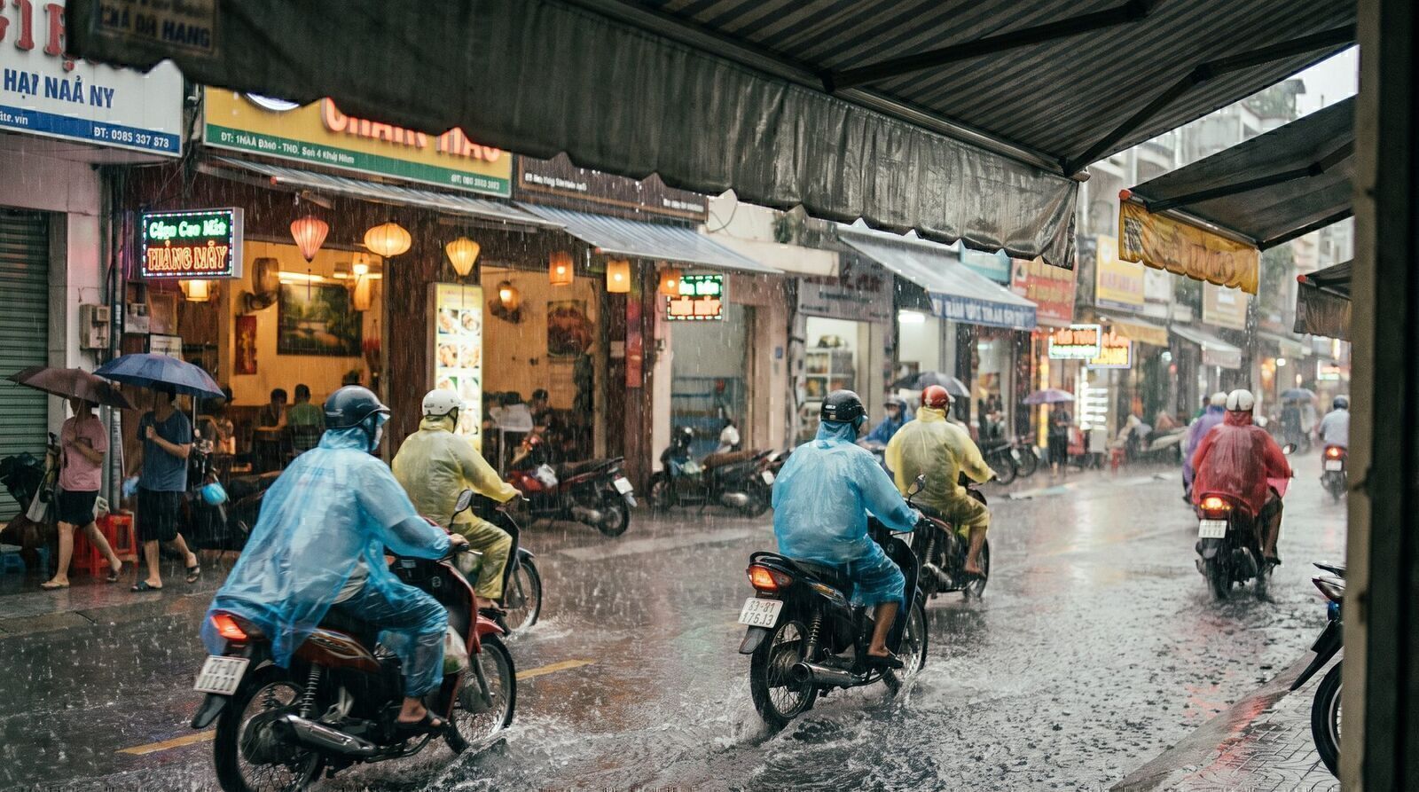 Motorbike riders in colorful rain ponchos during a July afternoon downpour on a Saigon street