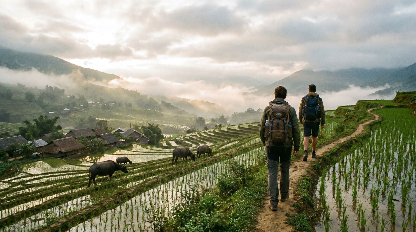 Trekkers walking between rice terraces in the mountains of Sapa Vietnam