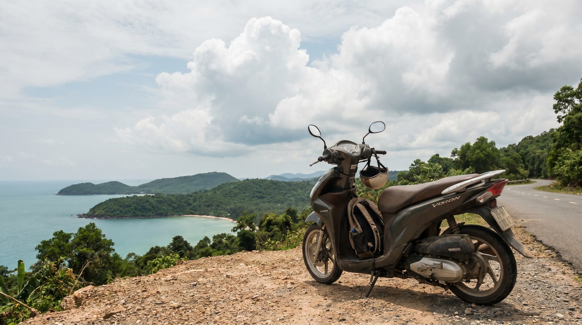 Scooter parked at a coastal viewpoint overlooking the sea in Phu Quoc